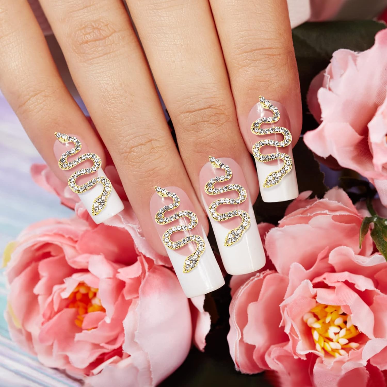 10 Pieces 3D Snake Nail Charms Set,Snake Nail Decorations Kit (Gold + Silver)