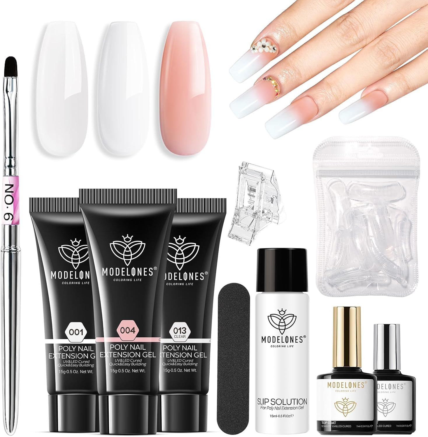 Modelones Poly Gel Nail Kit 3 Colors Clear White Apricot with Slip Solution Dual Nail Forms Top Base Coat Extension Builder Gel Enhancement Professional Starter Kit DIY Nail Art Salon Use