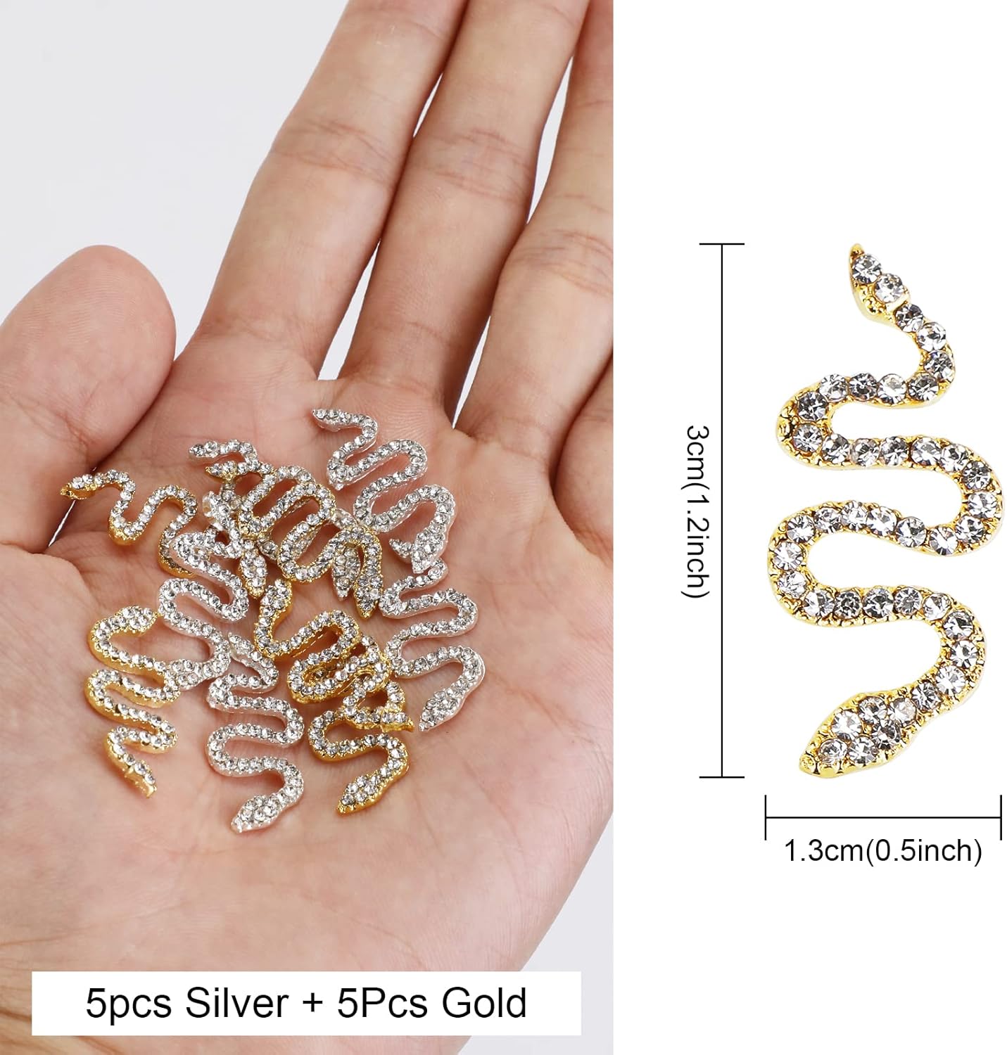 10 Pieces 3D Snake Nail Charms Set,Snake Nail Decorations Kit (Gold + Silver)
