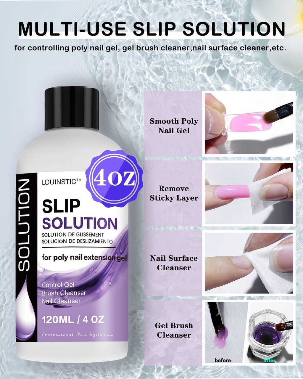 LOUINSTIC 3 In1 Poly Nail Gel Slip Solution - 4 oz Anti-Stick Nail Extension Solution, Nail Brush Cleanser, Nail Preparation Cleanser, Slip Solution for Poly Nail Gel Kit