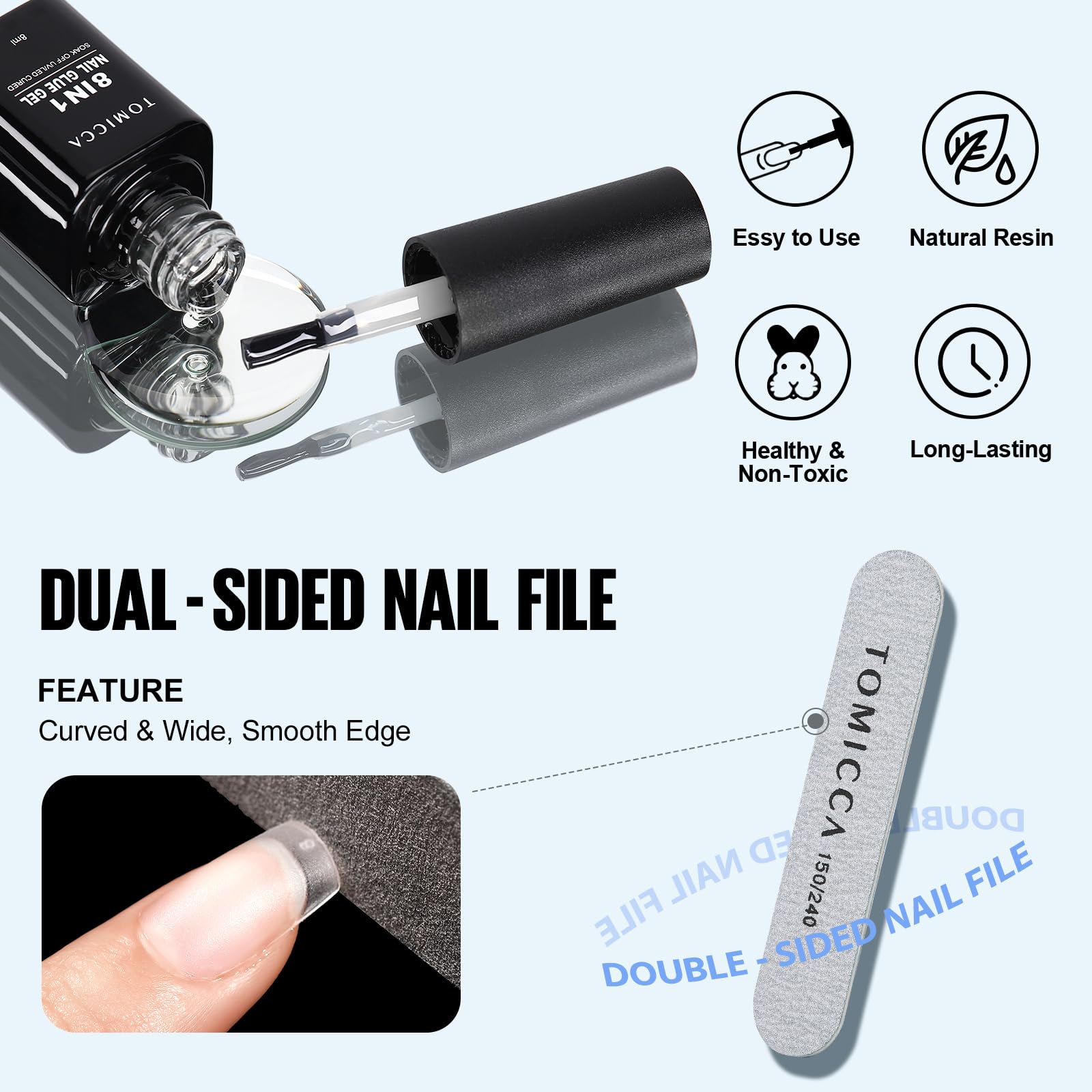 TOMICCA Nail Tips and Glue Gel Kit - Gel x Nail Kit 240pcs Short Square or long coffin  Soft Gel Nail Tips and 8 in 1 Nail Glue Gel,  with UV LED Lamp