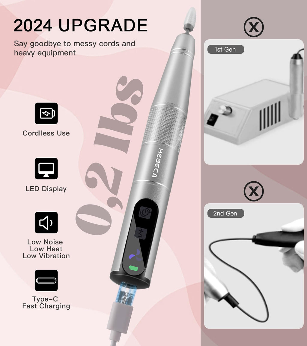 HEBECA Cordless Nail Drill Set - Professional Electric Nail File with 12 Drill Bits 26 Sanding Bands for Natural or Acrylic Gel Nails -Rechargeable.