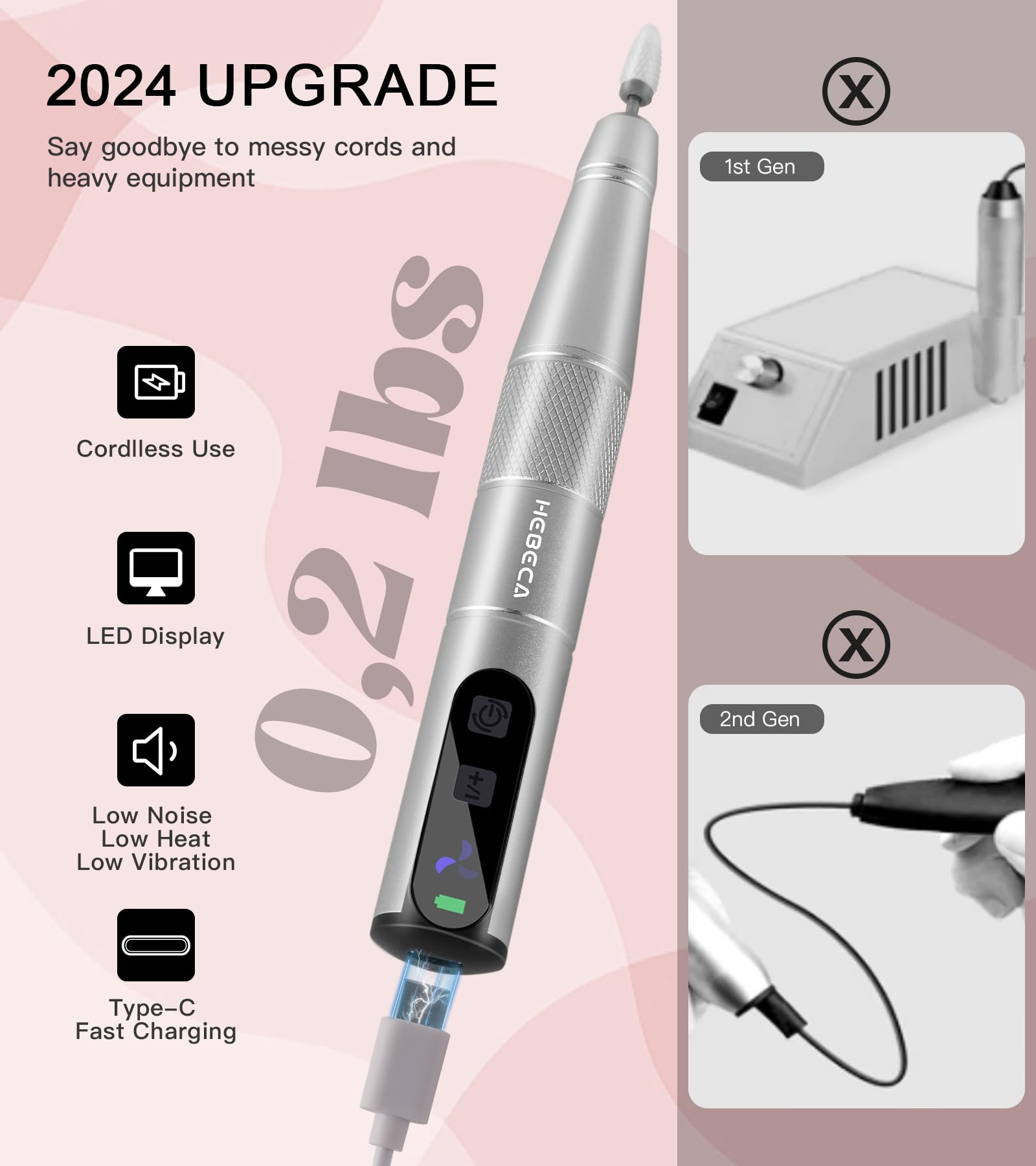 HEBECA Cordless Nail Drill Set - Professional Electric Nail File with 12 Drill Bits 26 Sanding Bands for Natural or Acrylic Gel Nails -Rechargeable.