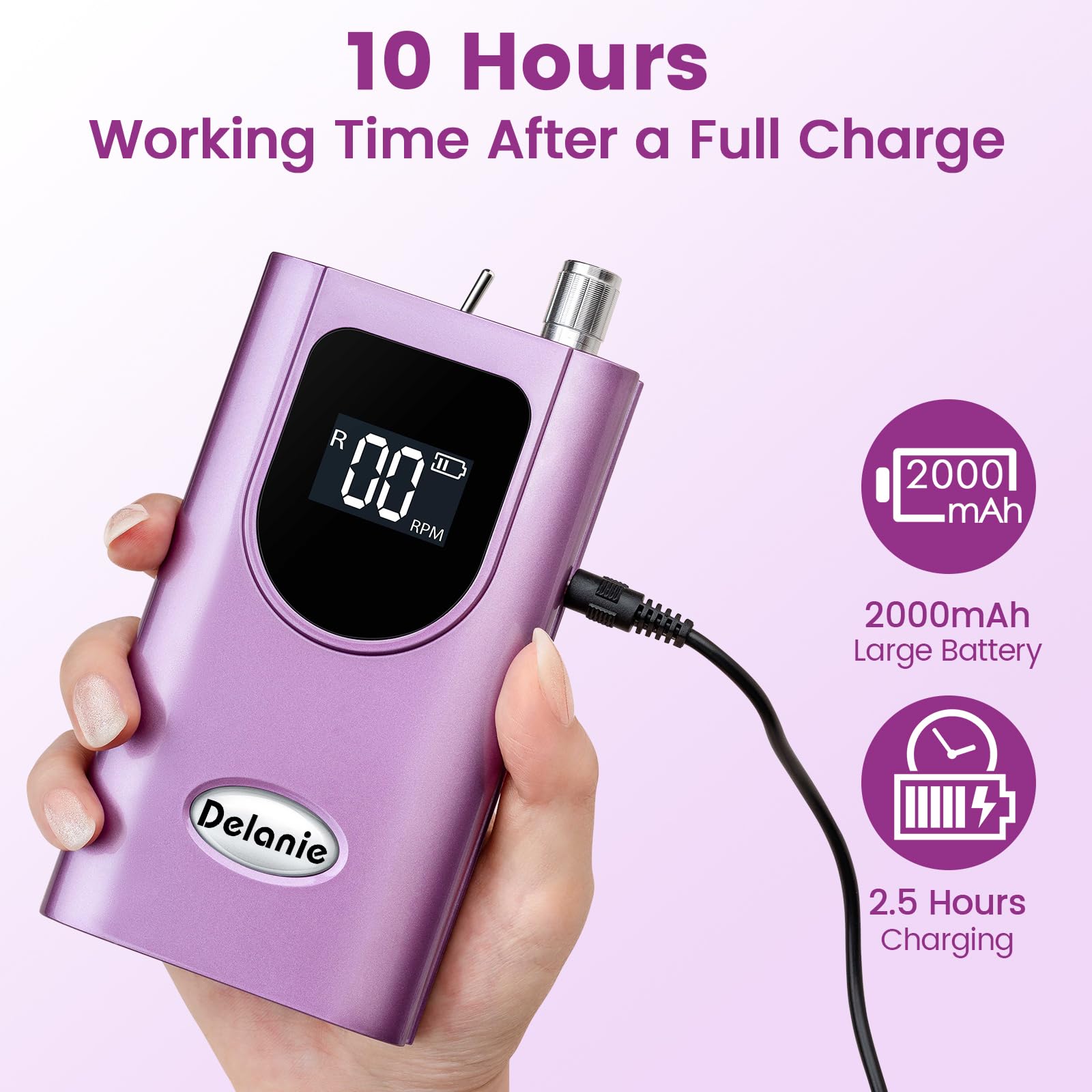 Delanie Professional Nail Drill High Torque 35000 RPM Rechargeable Portable Electric Nail File for Acrylic & Gel, High Speed, Low Heat, Low Vibration (7 colors )