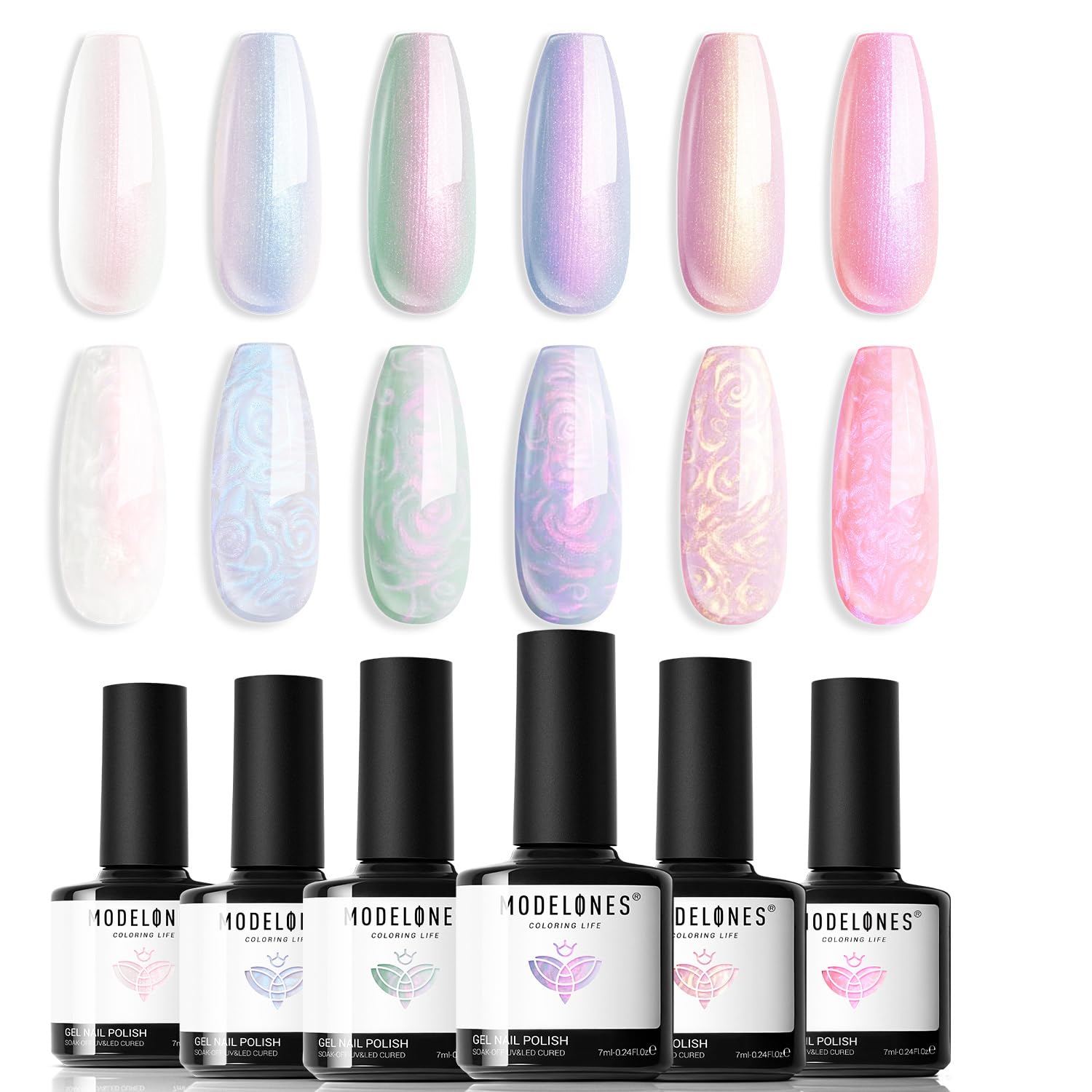 (13 diff combinations, some magnetic) Modelones Gel Nail Polish, 6 Colors Pearl Aurora Iridescent Shimmer White Pink Purple Mermaid Nail Drawing Gel Polish Soak Off UV Gel Led Nail Gel Polish Swirl Shell Thread Effect DIY Manicure Gifts
