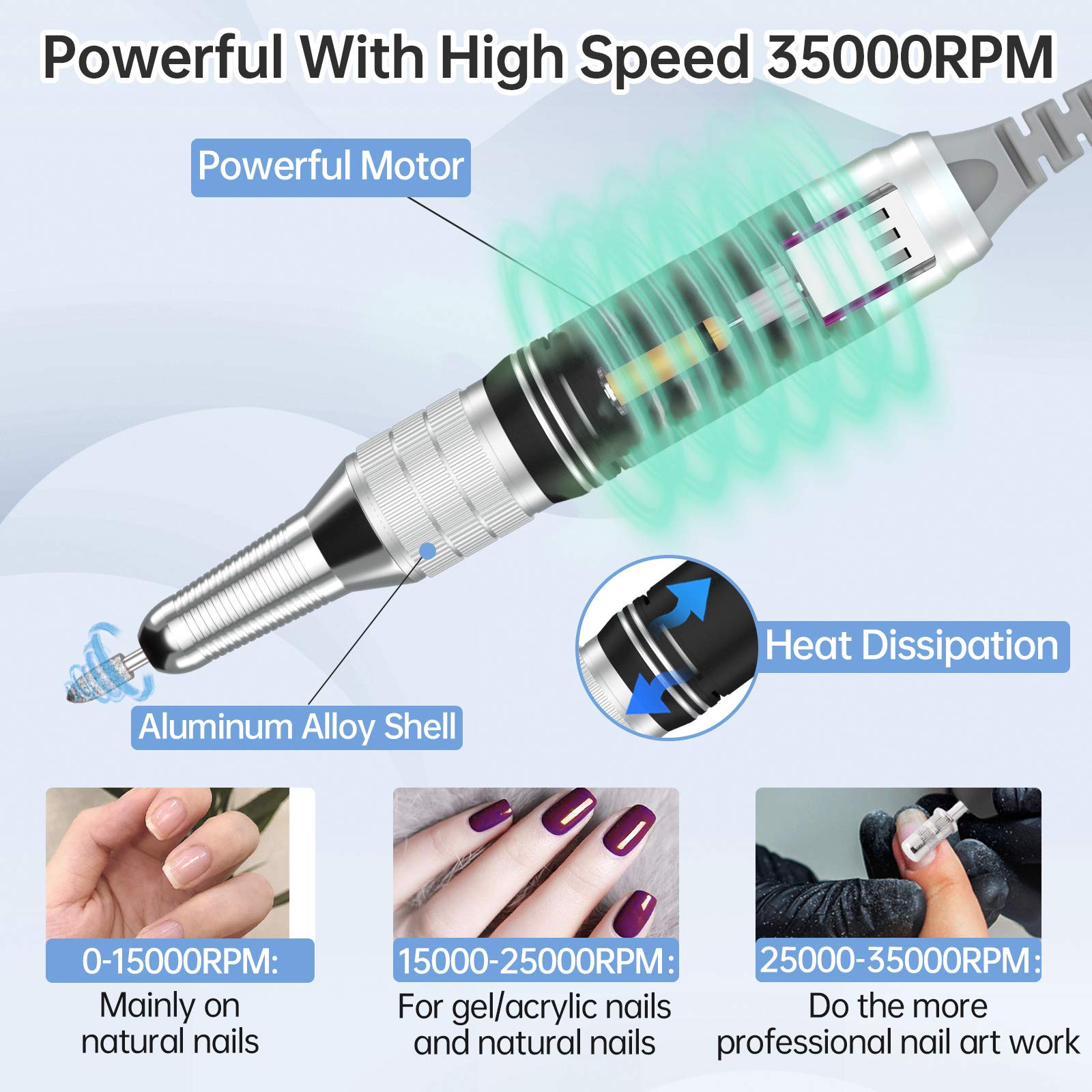 Delanie Professional Nail Drill High Torque 35000 RPM Rechargeable Portable Electric Nail File for Acrylic & Gel, High Speed, Low Heat, Low Vibration (7 colors )