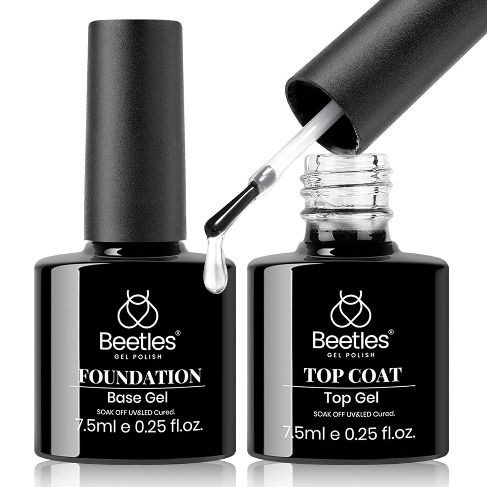 Beetles 2 Pcs 15ml No Wipe Gel Top Coat and Base Coat Set - Shine Finish and Long Lasting, Soak Off LED Nail Lamp