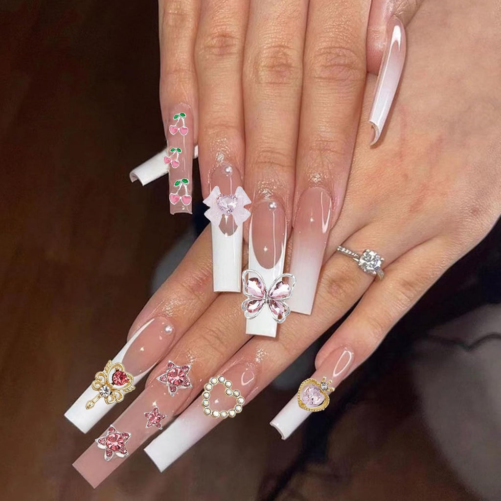 24PCS Rhinestone Nails Charm, 3D Heart Star Bow Cherry Butterfly