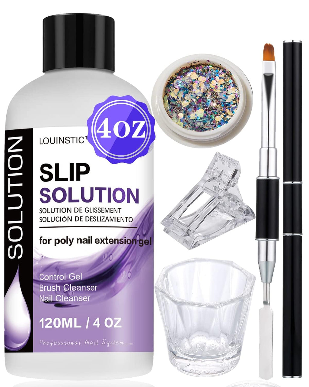 LOUINSTIC 3 In1 Poly Nail Gel Slip Solution - 4 oz Anti-Stick Nail Extension Solution, Nail Brush Cleanser, Nail Preparation Cleanser, Slip Solution for Poly Nail Gel Kit