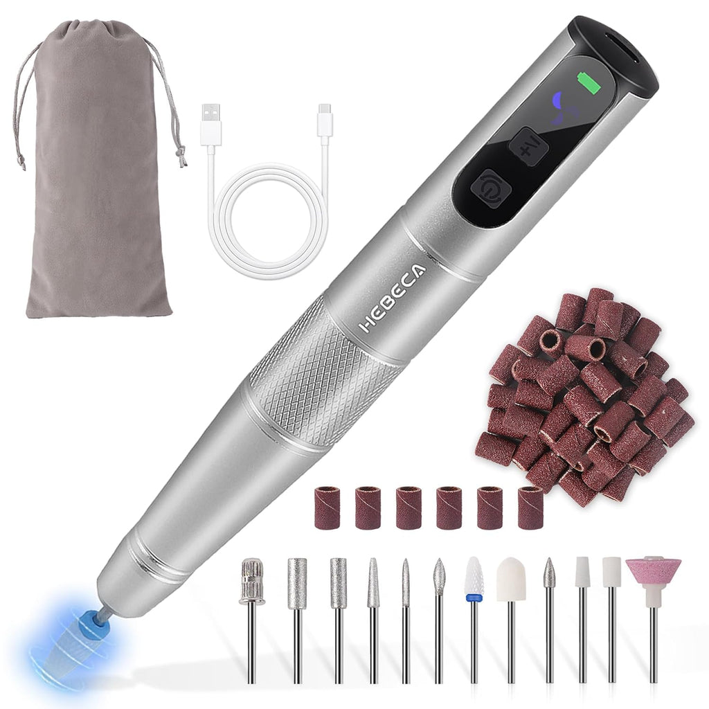 HEBECA Cordless Nail Drill Set - Professional Electric Nail File with 12 Drill Bits 26 Sanding Bands for Natural or Acrylic Gel Nails -Rechargeable.