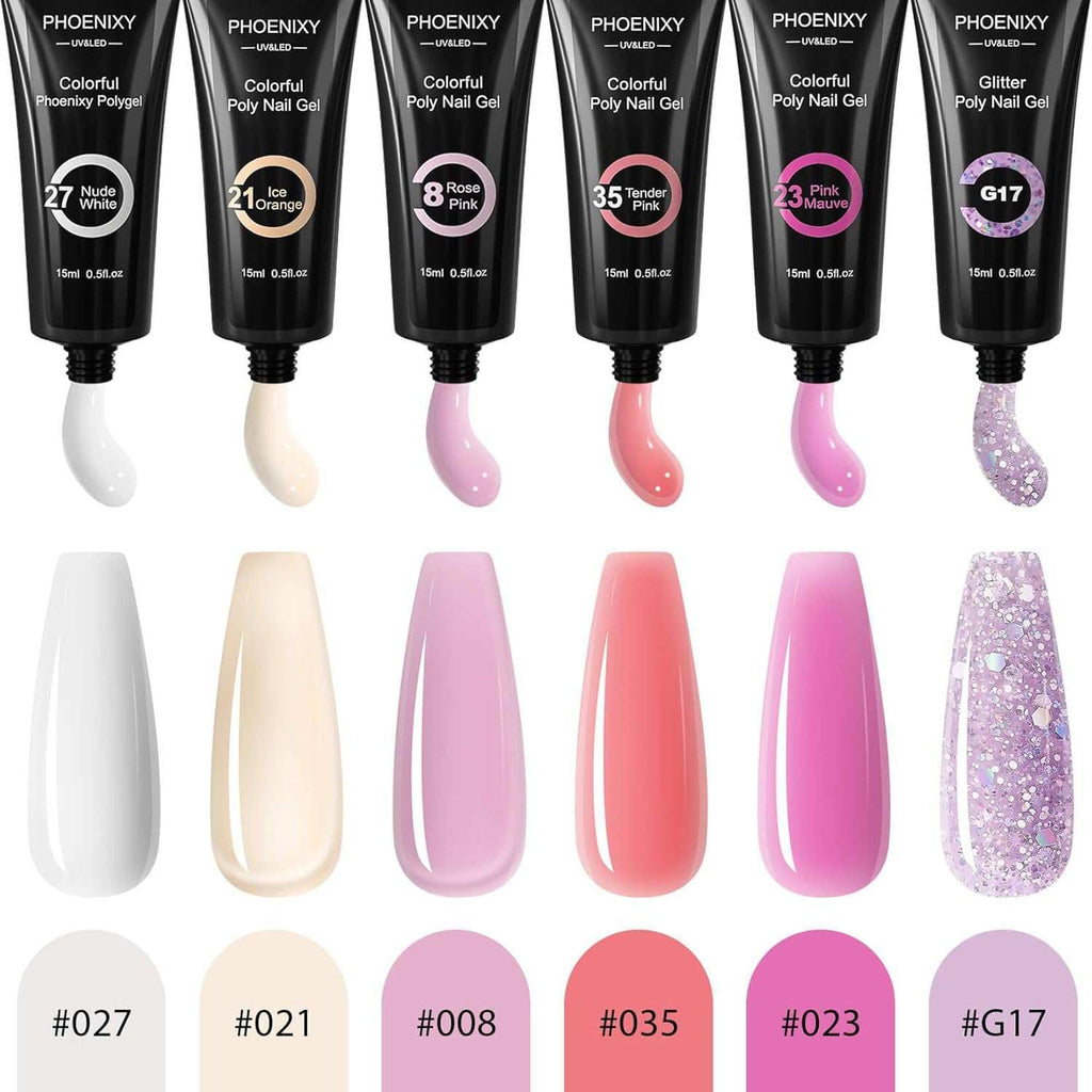 7 different packs . Phoenixy Poly Nail Gel Kit 6 Colors Pink Nude with Sliver Gold Glitter Poly Extension Gel 15 ml