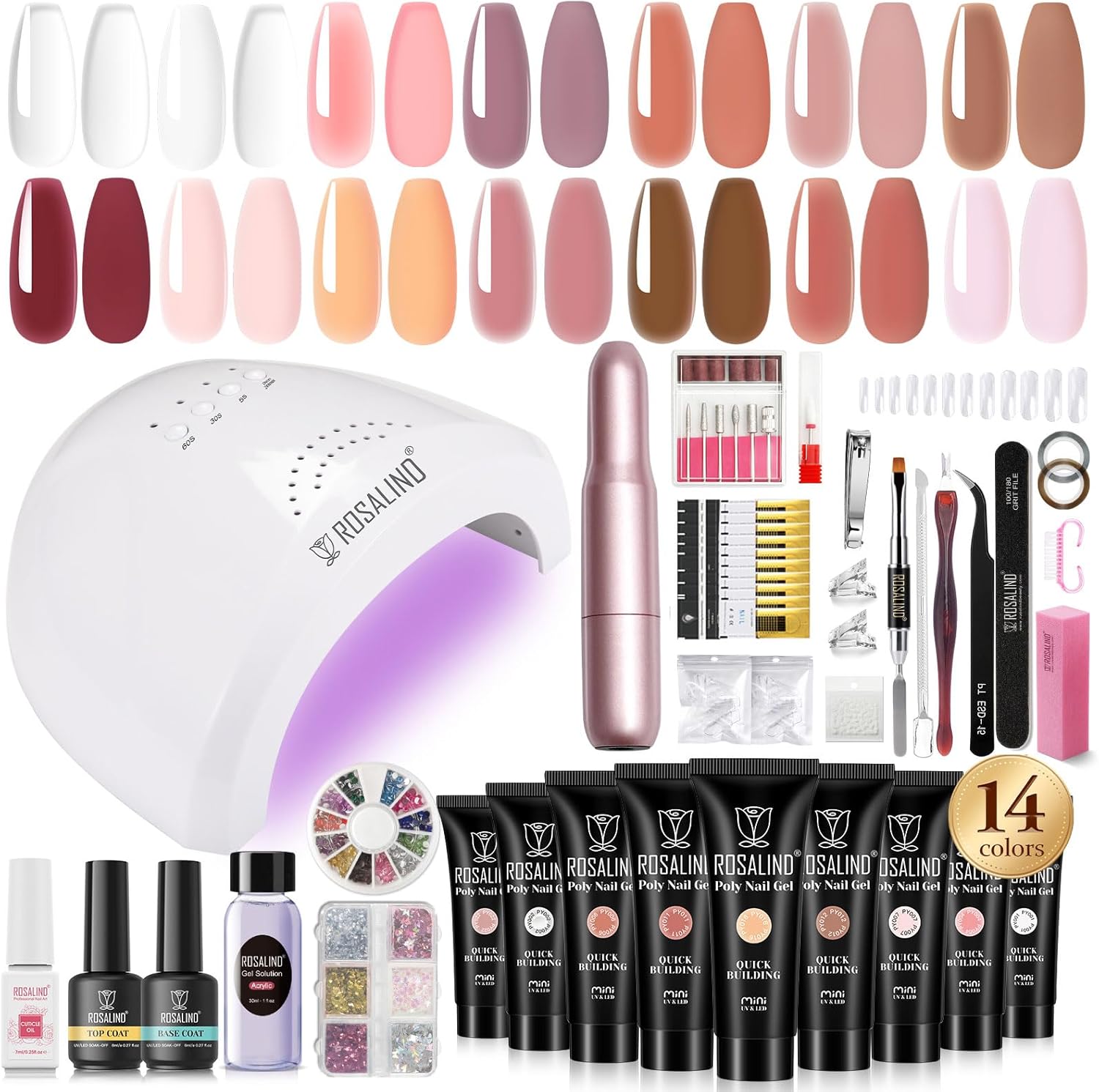 4 different packs ROSALIND Poly Nail Gel Kit with Drill -14 Colors. with U V Lamp Slip Solution and Electric Nail Drill Starter Kit, 0.34 oz/10 ml