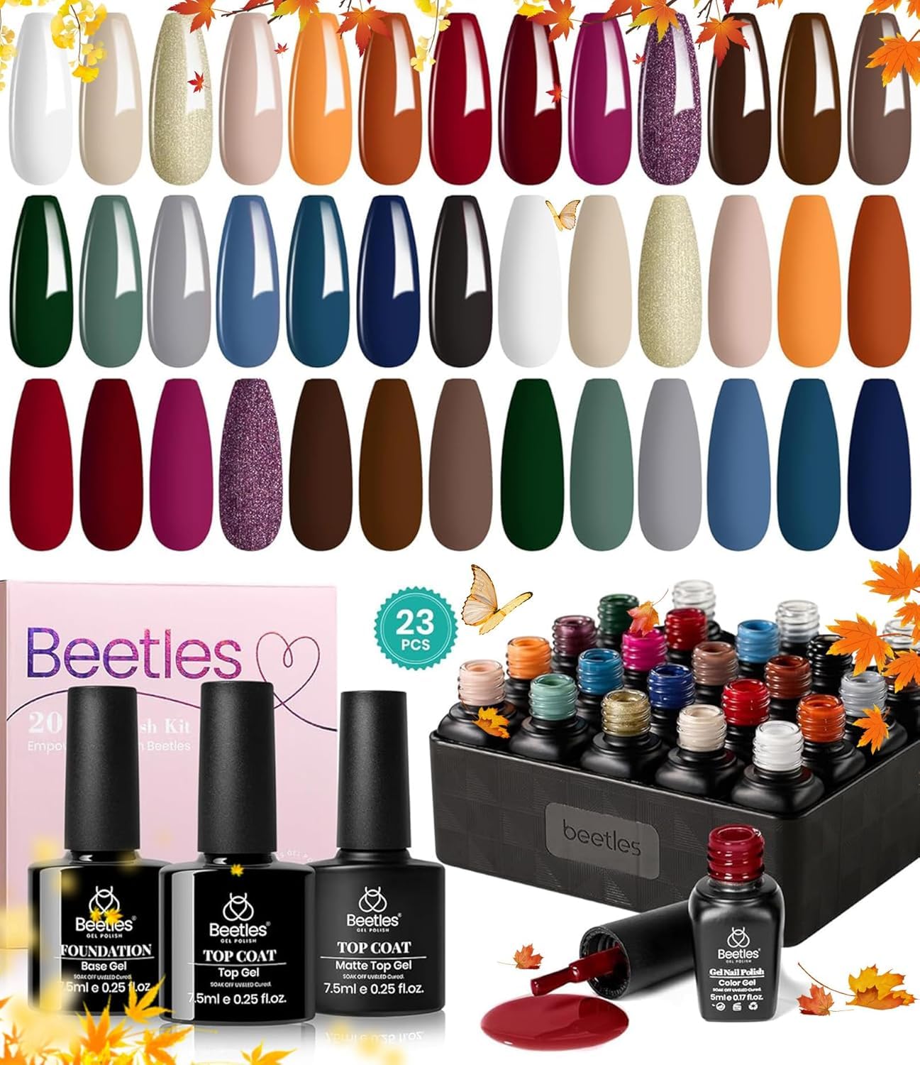Beetles Gel Nail Polish Kit, ( 16 diff combinations and prices) 20 Colors Soak Off Gel Polish with 1 Base Coat 1 Glossy & 1 Matte Top Coat