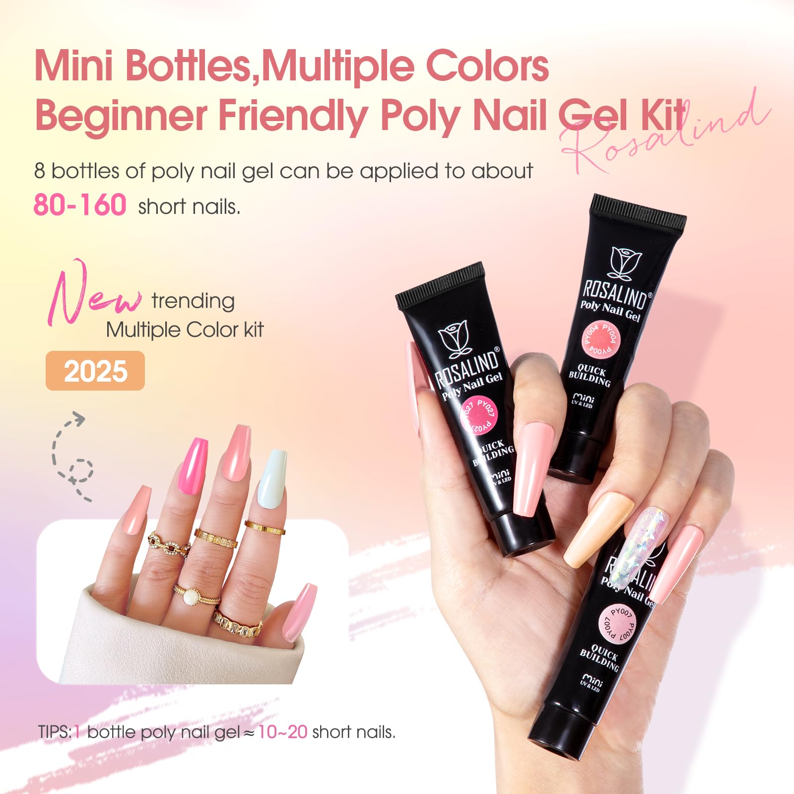 ROSALIND MINI Poly Nail Gel Kit, 8 Colors 0.34oz Each Tube Poly Nails Gel Starter Kit with Slip Solution and Mini UV Lamp, Clear Nude Purple Gels Extension Set
