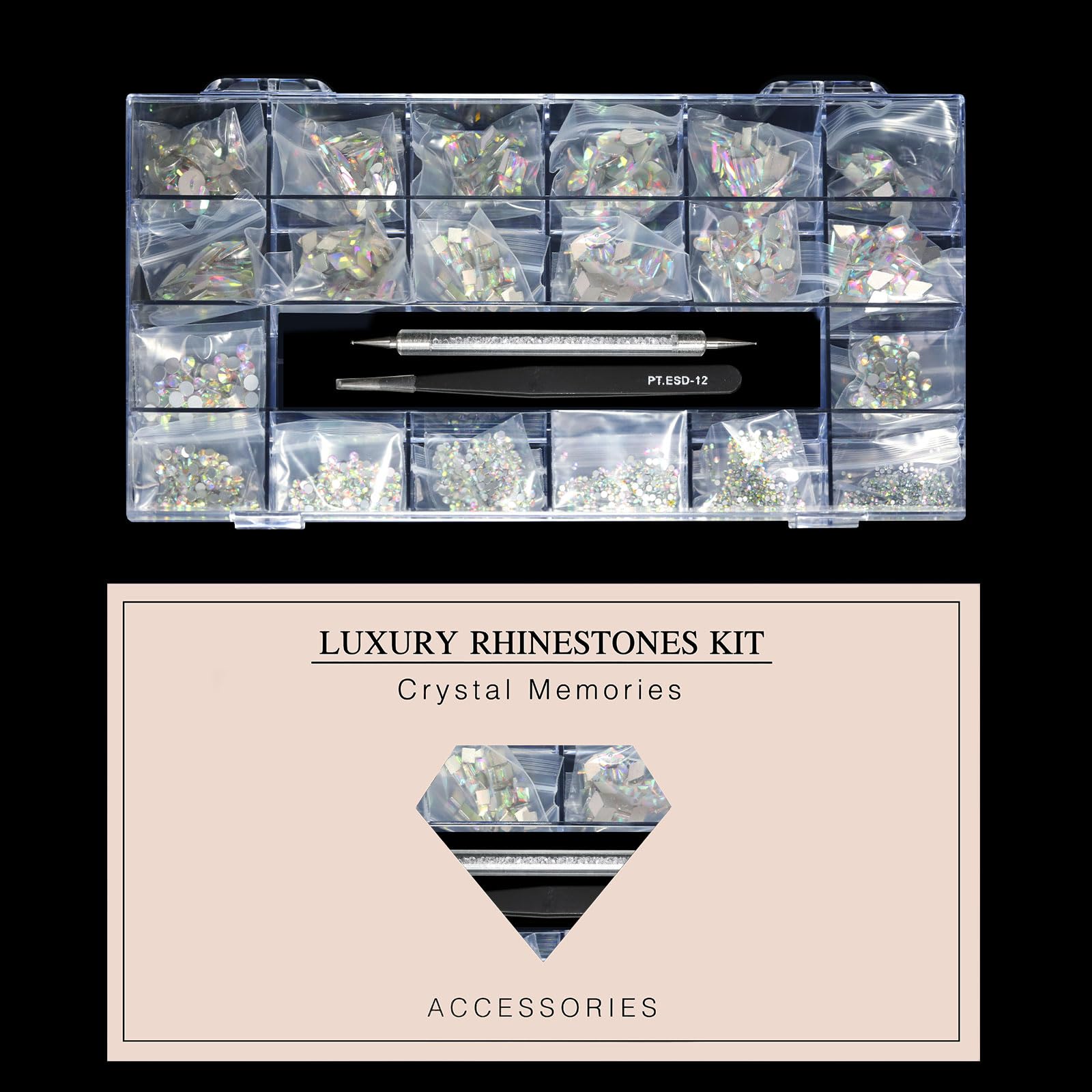 (5 diff packs ) 12 Types of 600  Diamonds + 2500 Flat Rhinestones Mix 20 Styles Flatback Stones Set + Tweezers + Drill Pen