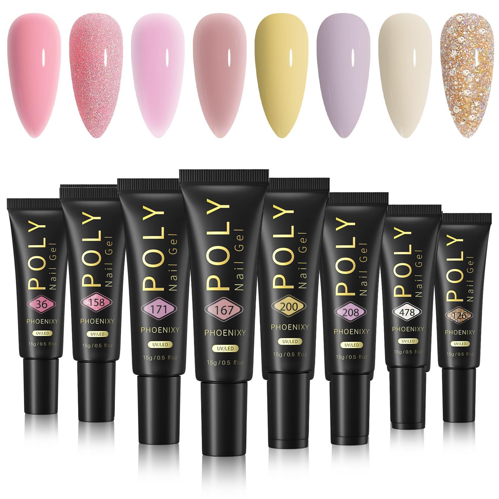 7 different packs . Phoenixy Poly Nail Gel Kit 6 Colors Pink Nude with Sliver Gold Glitter Poly Extension Gel 15 ml