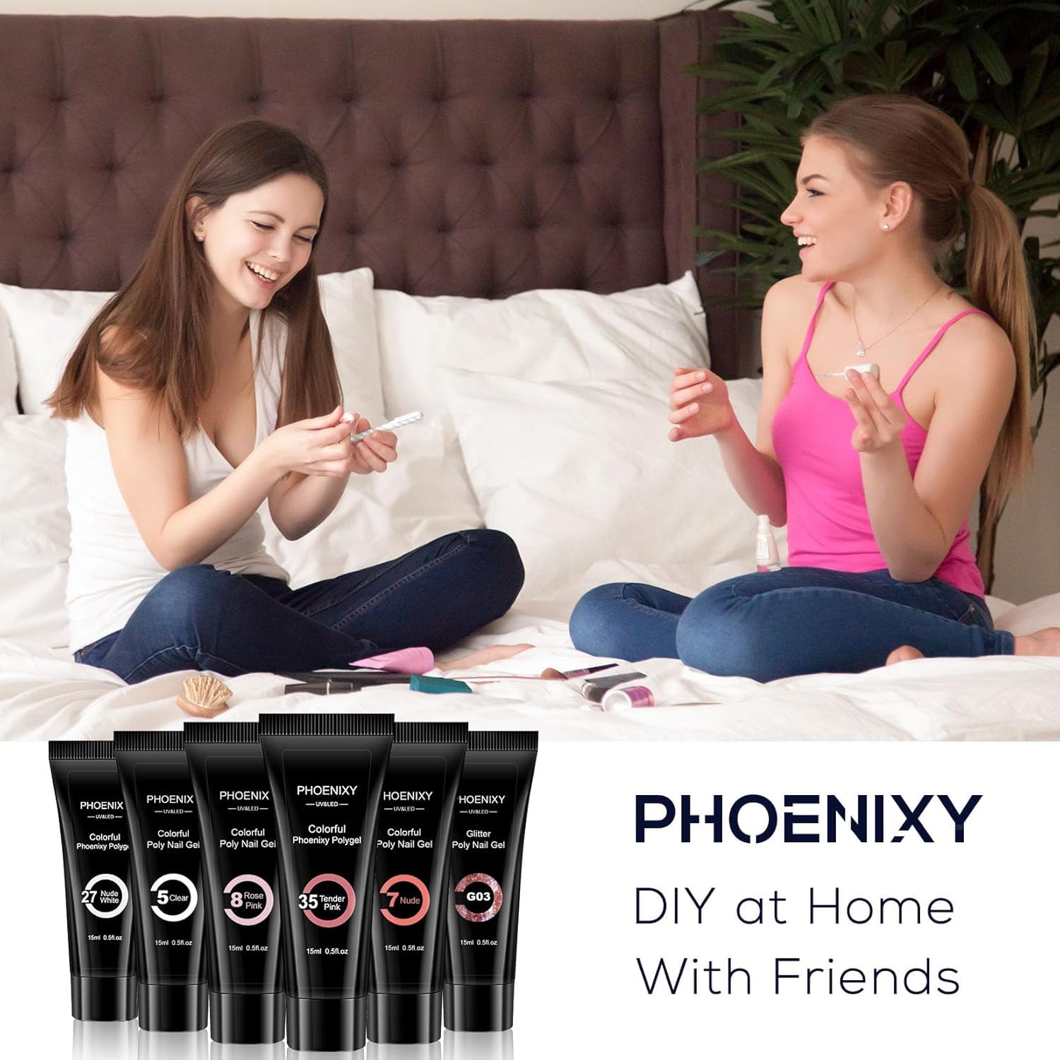 7 different packs . Phoenixy Poly Nail Gel Kit 6 Colors Pink Nude with Sliver Gold Glitter Poly Extension Gel 15 ml