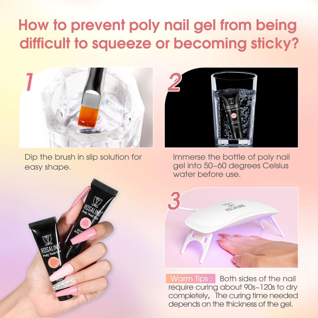 ROSALIND MINI Poly Nail Gel Kit, 8 Colors 0.34oz Each Tube Poly Nails Gel Starter Kit with Slip Solution and Mini UV Lamp, Clear Nude Purple Gels Extension Set