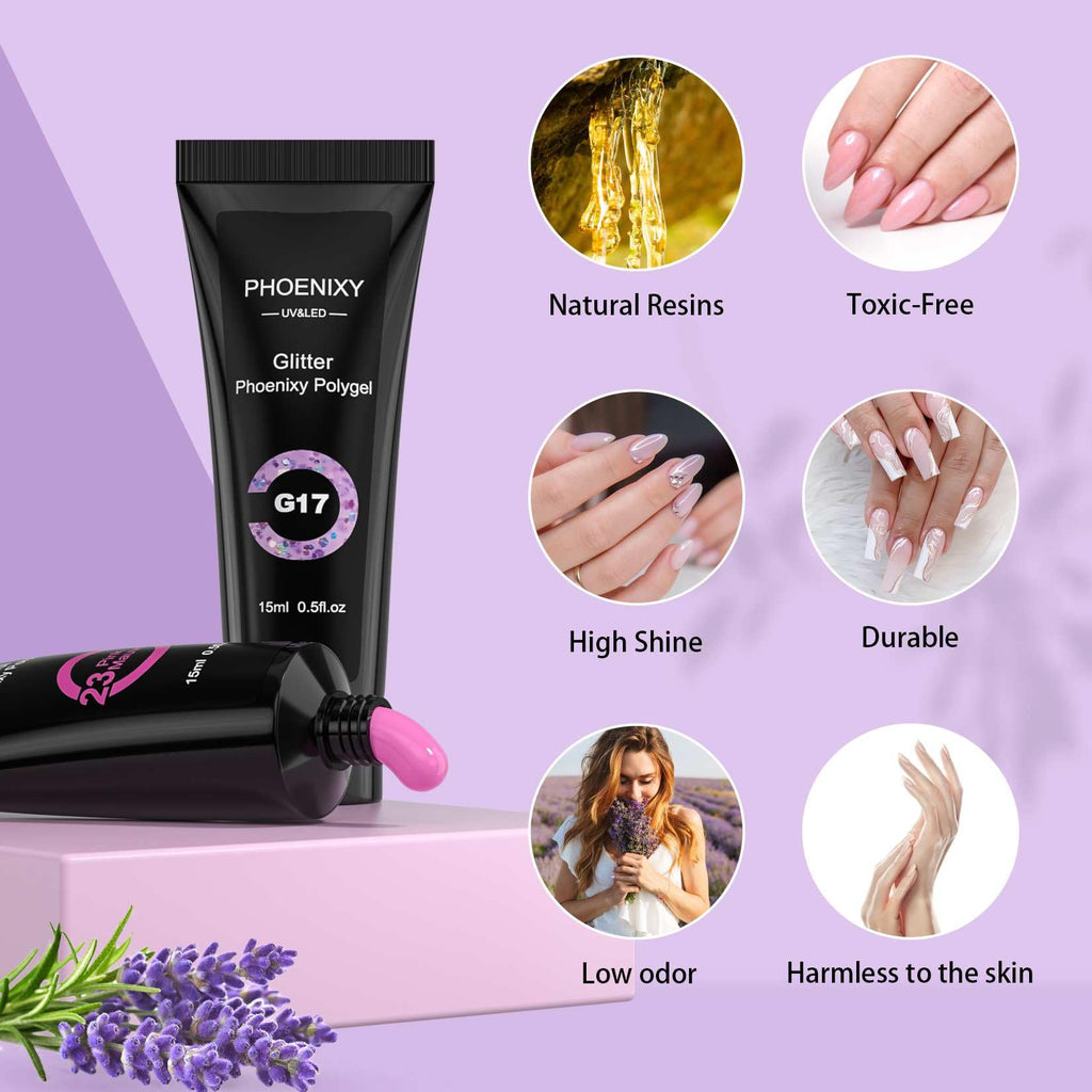 7 different packs . Phoenixy Poly Nail Gel Kit 6 Colors Pink Nude with Sliver Gold Glitter Poly Extension Gel 15 ml