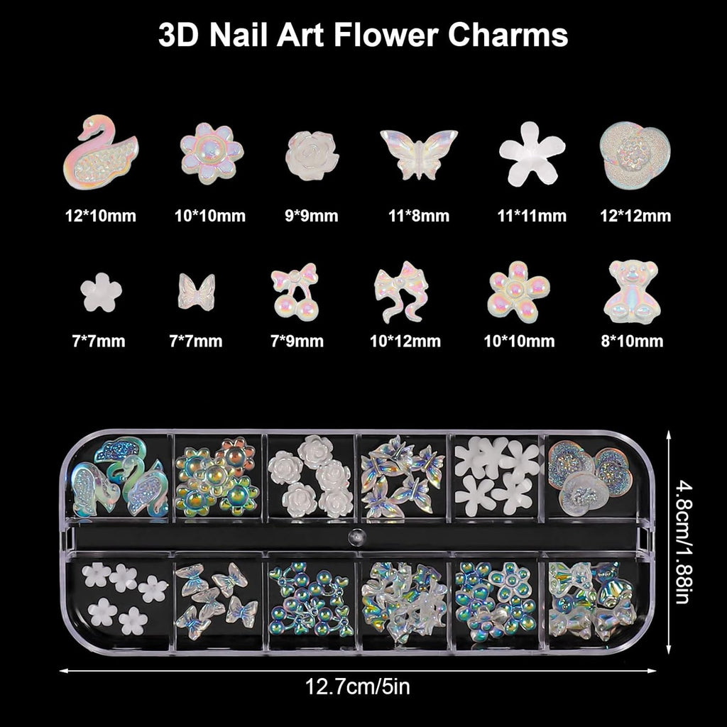 JOELELI 3D Acrylic Butterfly Flowers for Nails, Bear Charms, Flat Accessories - 24 Styles Starry AB Gems, Stones, Pearls, Gold