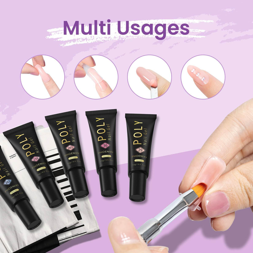 7 different packs . Phoenixy Poly Nail Gel Kit 6 Colors Pink Nude with Sliver Gold Glitter Poly Extension Gel 15 ml