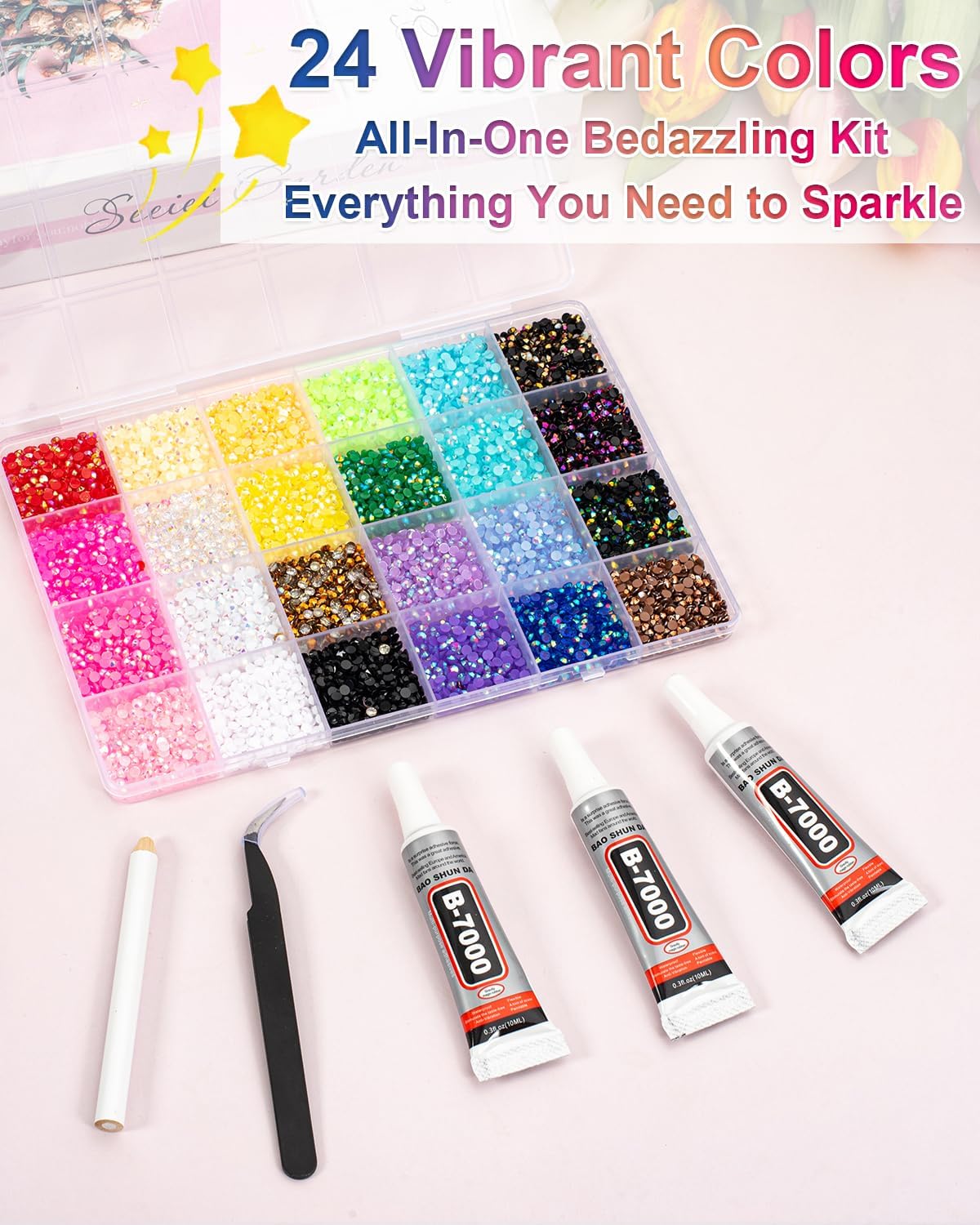 24 Colors Rhinestones, 24000+pcs Bedazzle Kit, 3mm Flatback Gems