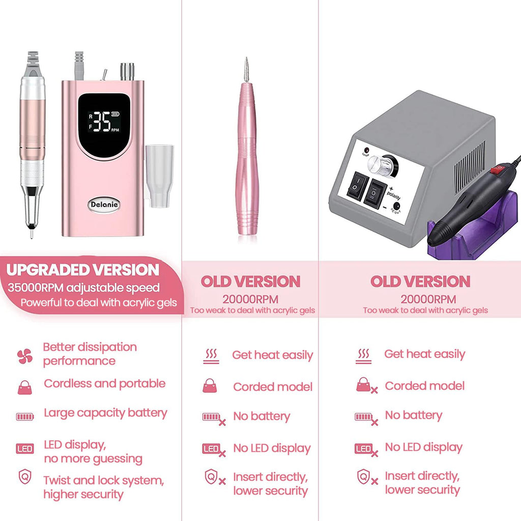Delanie Professional Nail Drill High Torque 35000 RPM Rechargeable Portable Electric Nail File for Acrylic & Gel, High Speed, Low Heat, Low Vibration (7 colors )