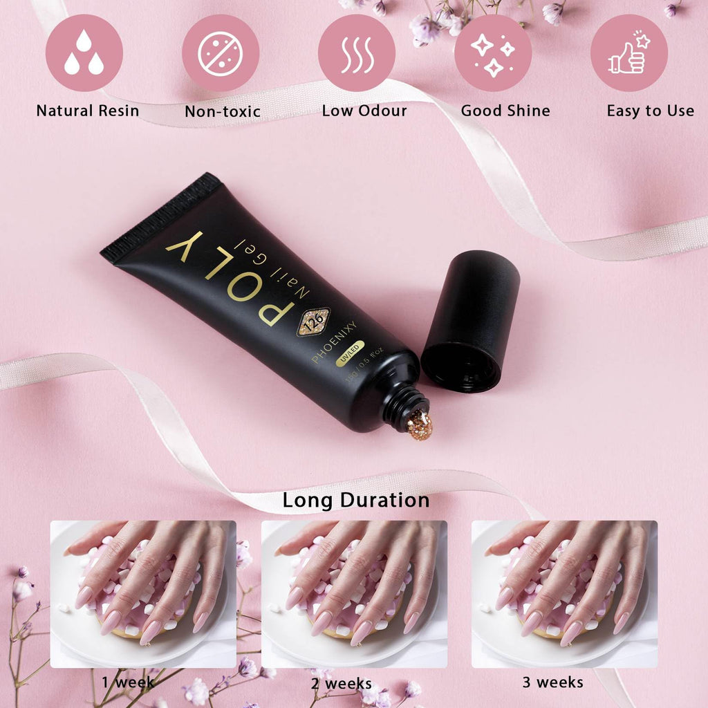 7 different packs . Phoenixy Poly Nail Gel Kit 6 Colors Pink Nude with Sliver Gold Glitter Poly Extension Gel 15 ml
