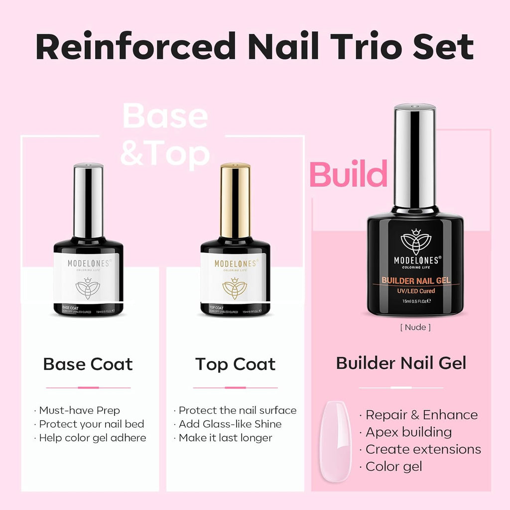 modelones Builder Nail Gel with Gel Top and Base Coat, 3Pcs . Nail Thickening .Apex Building. Nail Extension .Rhinestone Gel Nail Glue, LED Nail Lamp Cured