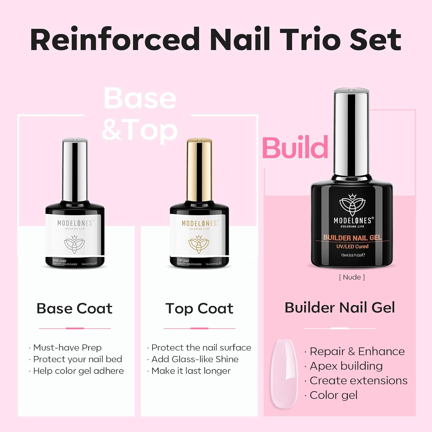 modelones Builder Nail Gel with Gel Top and Base Coat, 3Pcs . Nail Thickening .Apex Building. Nail Extension .Rhinestone Gel Nail Glue, LED Nail Lamp Cured