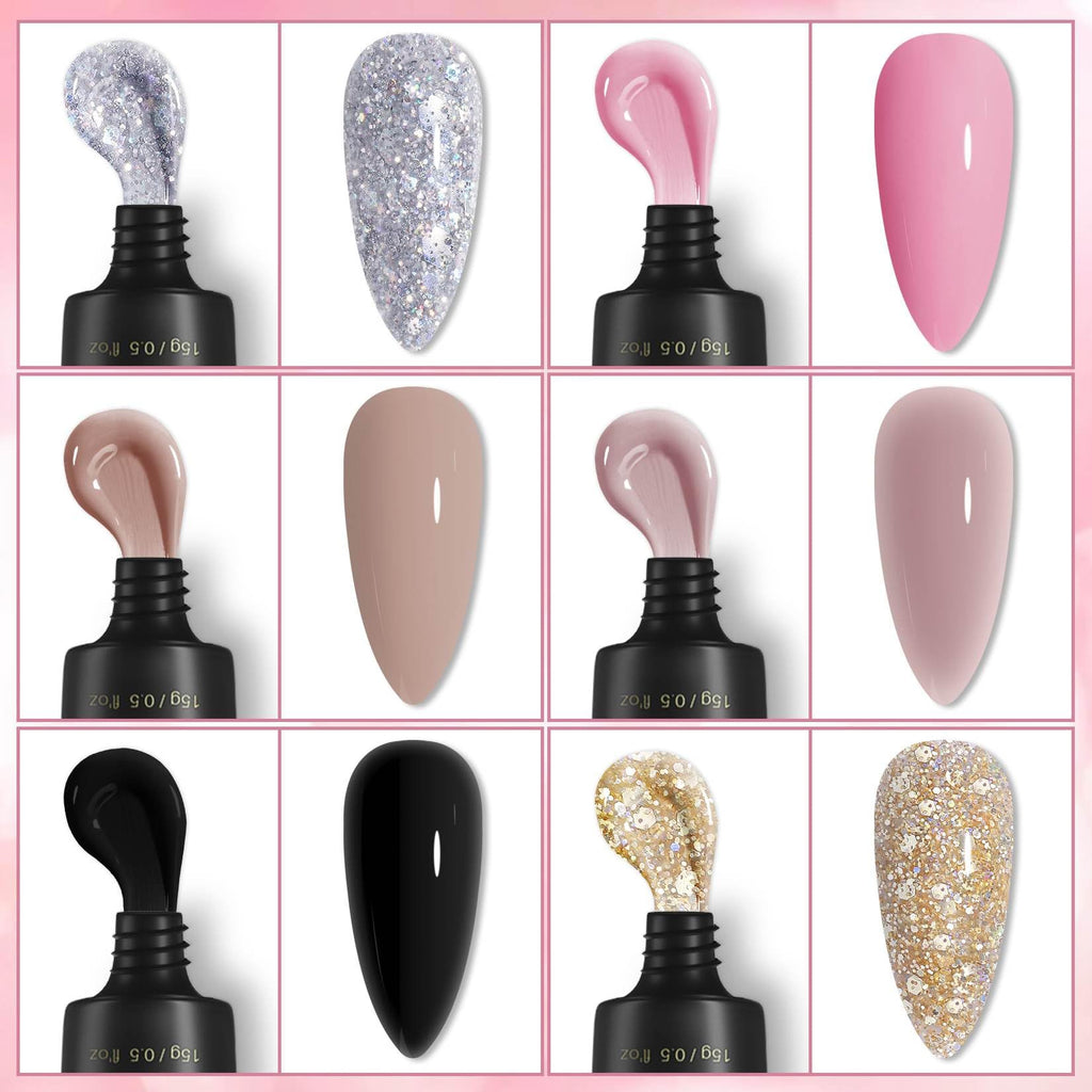 7 different packs . Phoenixy Poly Nail Gel Kit 6 Colors Pink Nude with Sliver Gold Glitter Poly Extension Gel 15 ml