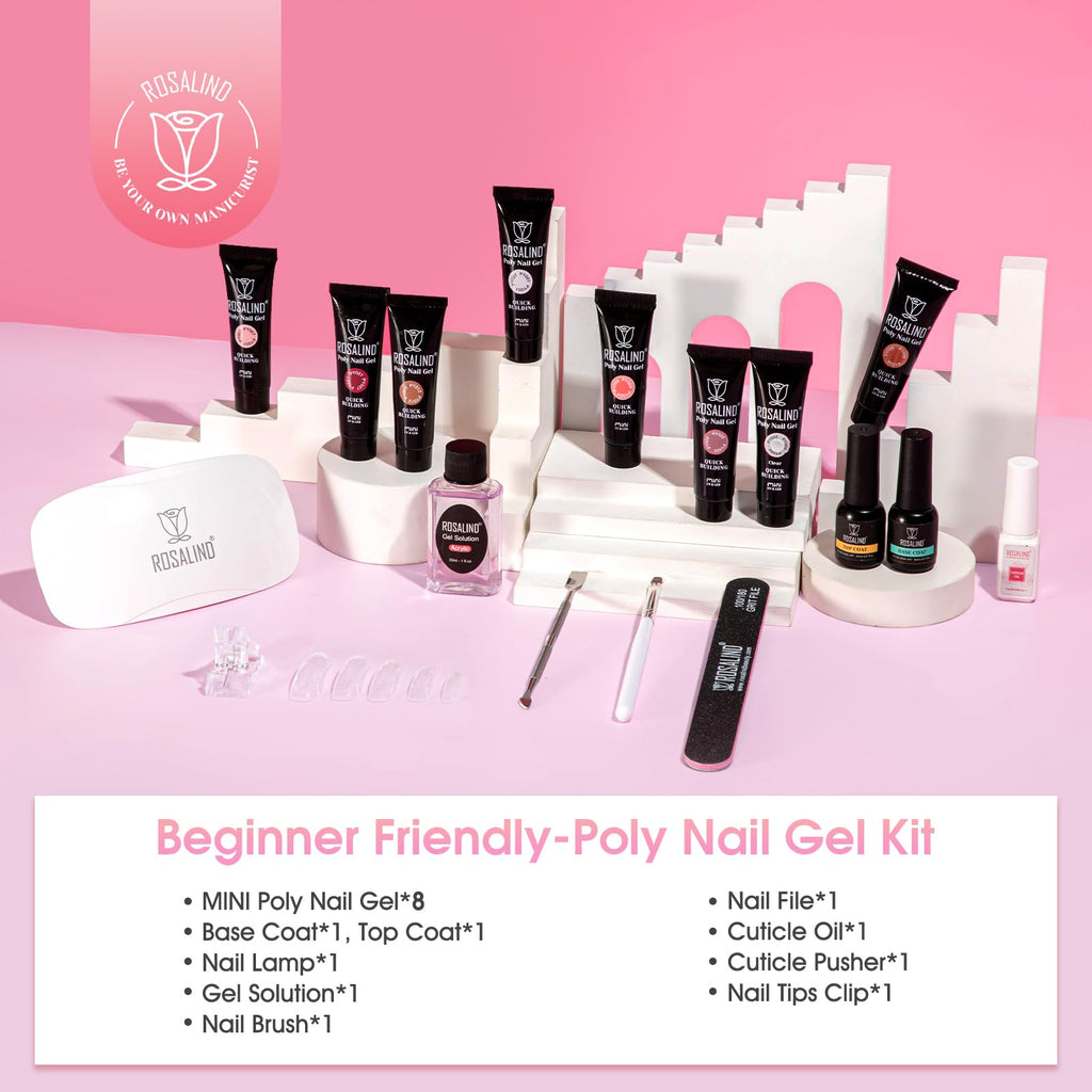 ROSALIND MINI Poly Nail Gel Kit, 8 Colors 0.34oz Each Tube Poly Nails Gel Starter Kit with Slip Solution and Mini UV Lamp, Clear Nude Purple Gels Extension Set
