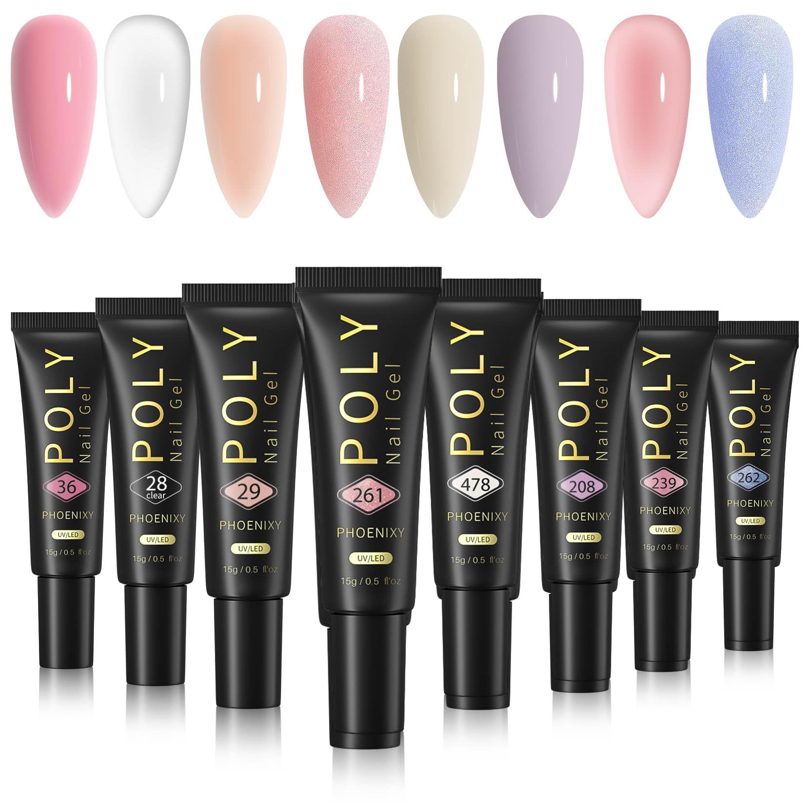 7 different packs . Phoenixy Poly Nail Gel Kit 6 Colors Pink Nude with Sliver Gold Glitter Poly Extension Gel 15 ml