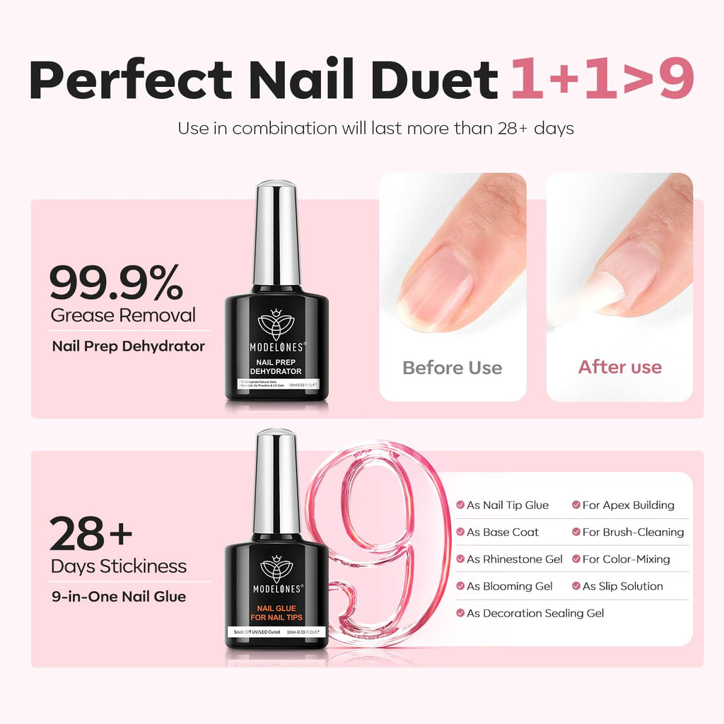modelones Nail Tips and Glue Gel Nail Kit  (3 diff shapes/packs)Prep Dehydrator 500Pcs Nails Tips 10Sizes Innovative LED Nail Lamp