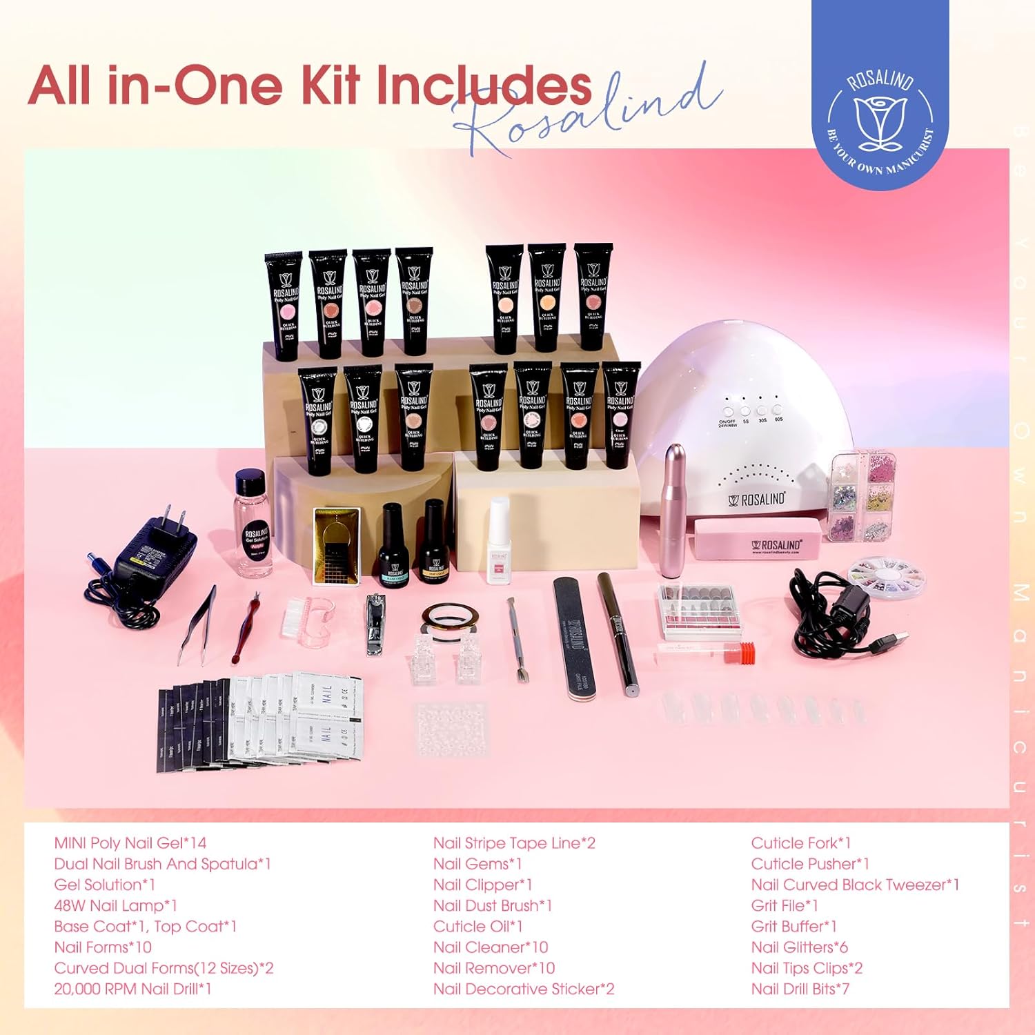 4 different packs ROSALIND Poly Nail Gel Kit with Drill -14 Colors. with U V Lamp Slip Solution and Electric Nail Drill Starter Kit, 0.34 oz/10 ml