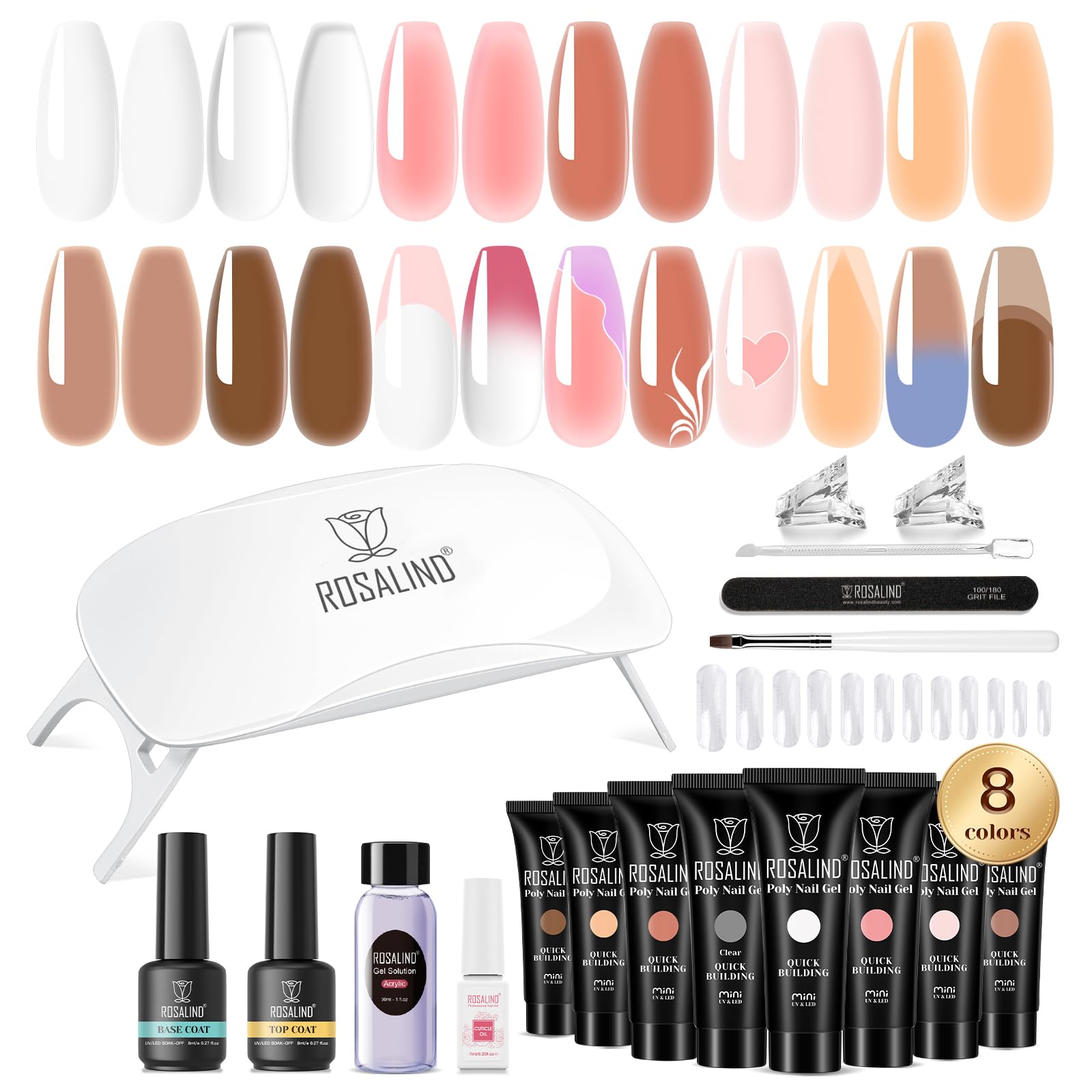 ROSALIND MINI Poly Nail Gel Kit, 8 Colors 0.34oz Each Tube Poly Nails Gel Starter Kit with Slip Solution and Mini UV Lamp, Clear Nude Purple Gels Extension Set