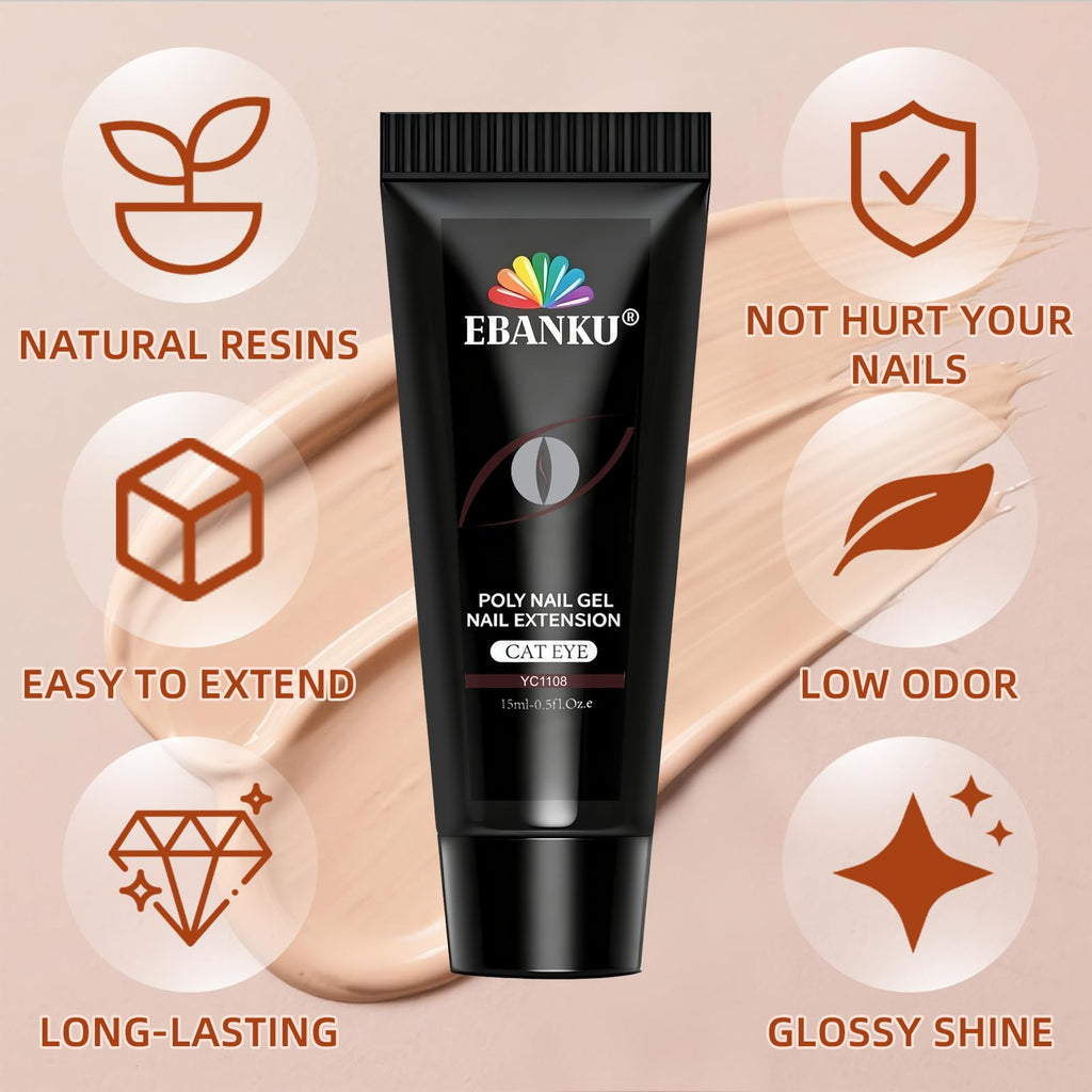 Poly Gel Nail Kit, EBANKU Cat Eye Poly Nail Gel Pink Purple Gold Glitter Magnetic Builder