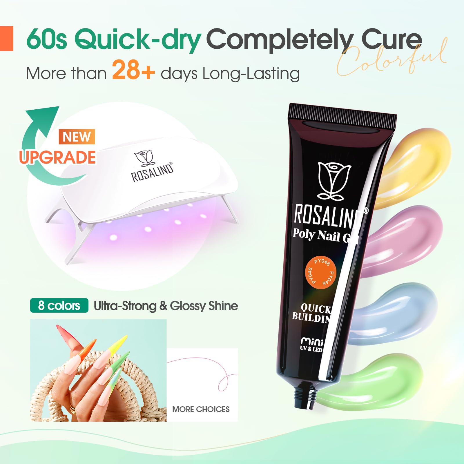 ROSALIND MINI Poly Nail Gel Kit, 8 Colors 0.34oz Each Tube Poly Nails Gel Starter Kit with Slip Solution and Mini UV Lamp, Clear Nude Purple Gels Extension Set