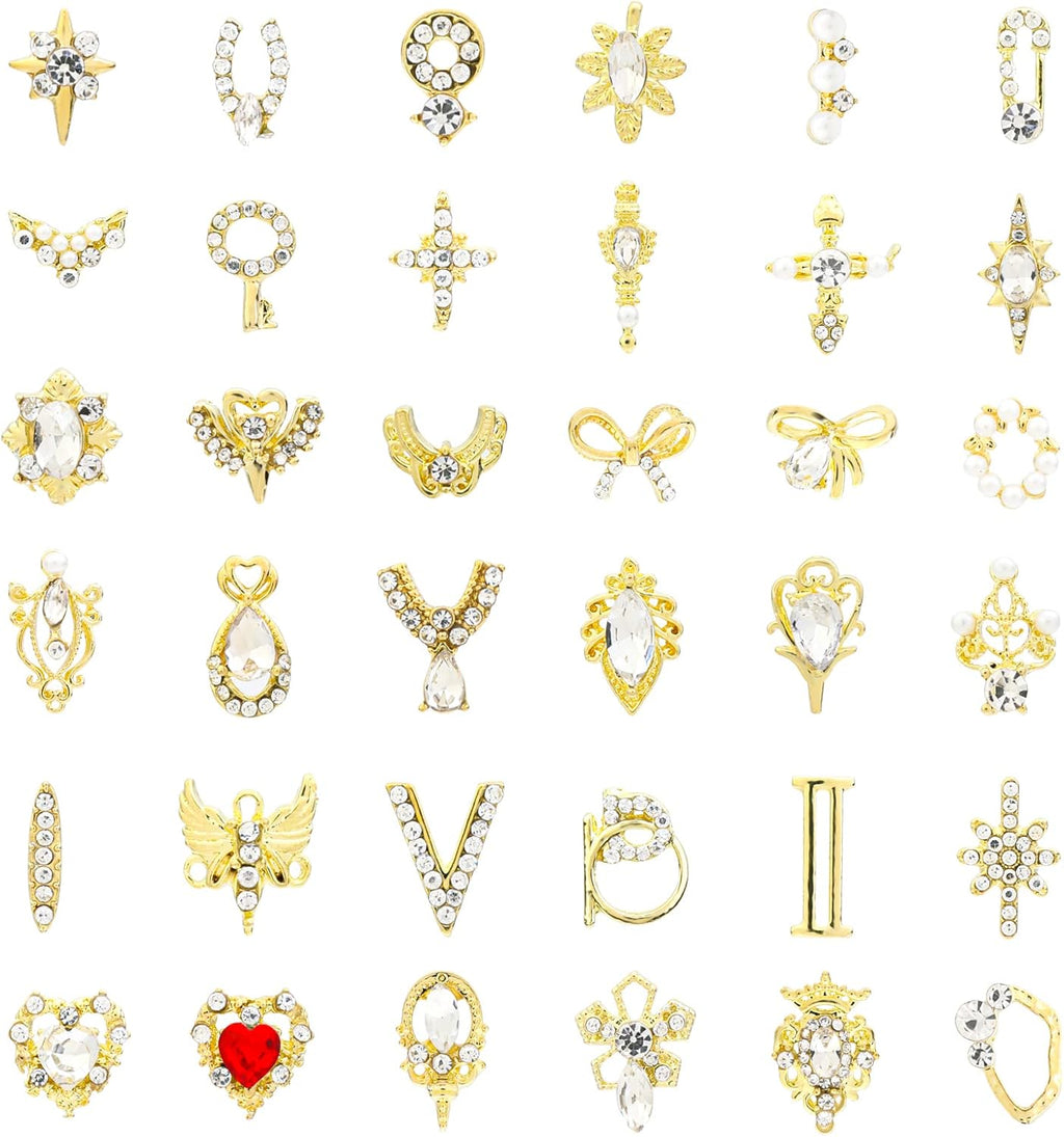 36Pcs 3D Nail Charms, Bling Rhinestones Nail Art Decorations Kit, Heart Pearl Metal Gems Stones Crystal Gold