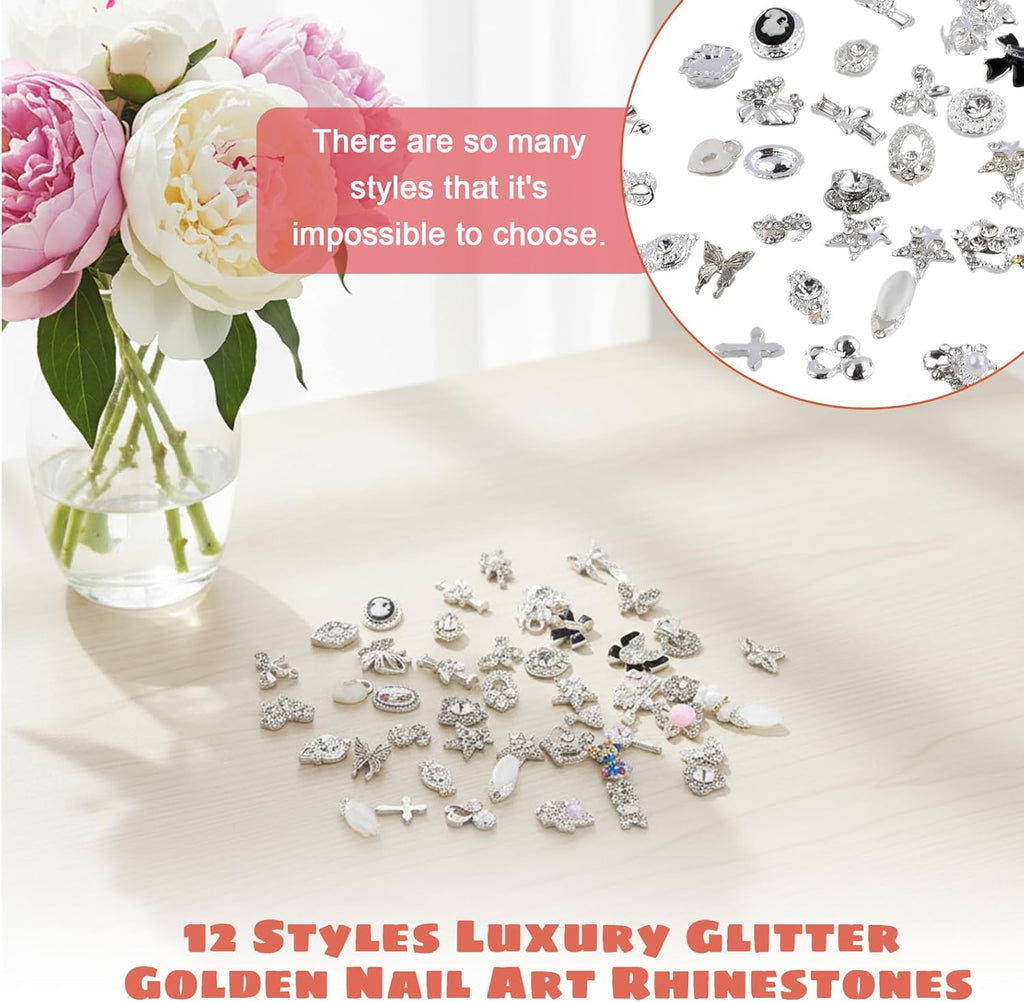 50pcs Nail Charms, Silver Rhinestones Nail Art Gems
