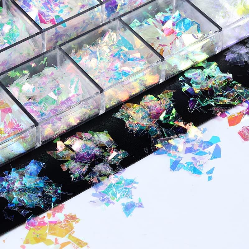 Holographic Mermaid Nail Art Glitter Flakes JMEOWIO 12 Grids Gradient Bright Iridescent Ice Slag Nail Sequins Paillettes Summer Nail Art Decoration for Women Girls