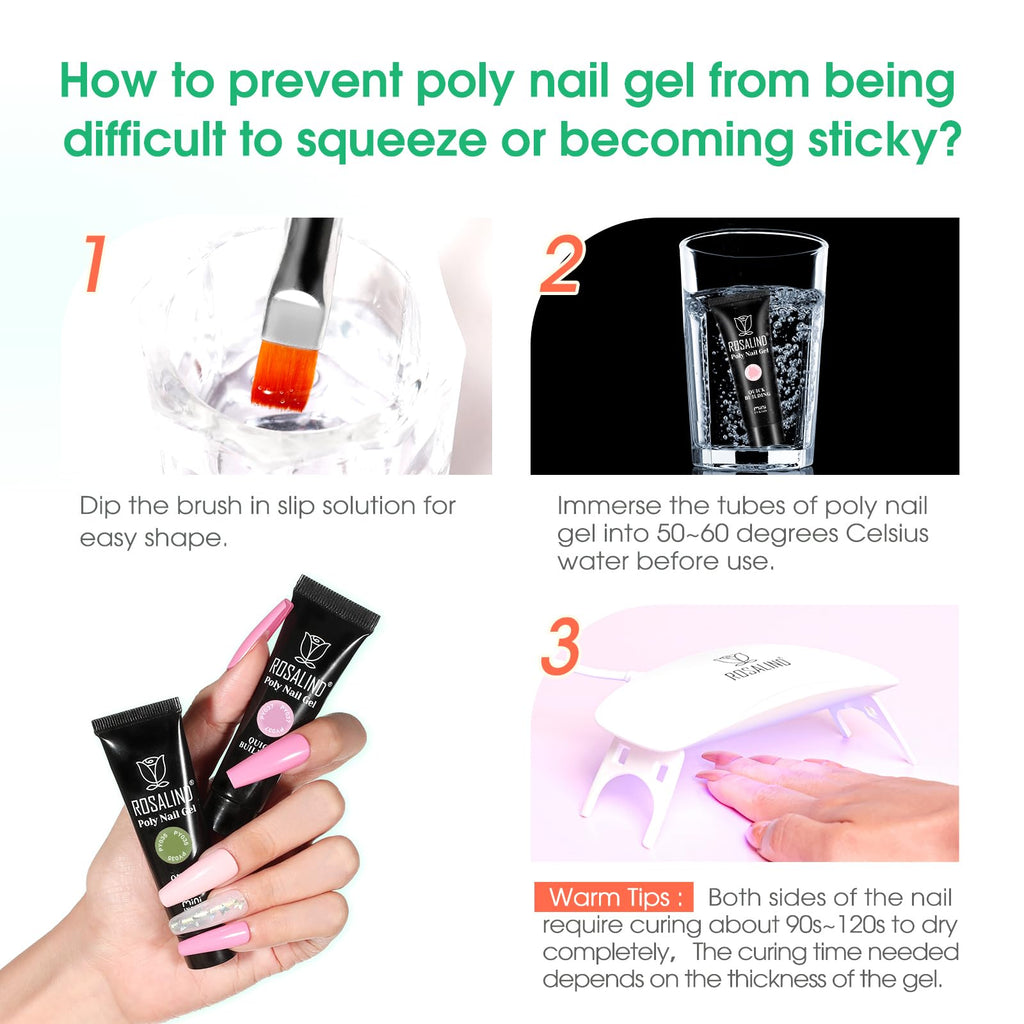ROSALIND MINI Poly Nail Gel Kit, 8 Colors 0.34oz Each Tube Poly Nails Gel Starter Kit with Slip Solution and Mini UV Lamp, Clear Nude Purple Gels Extension Set