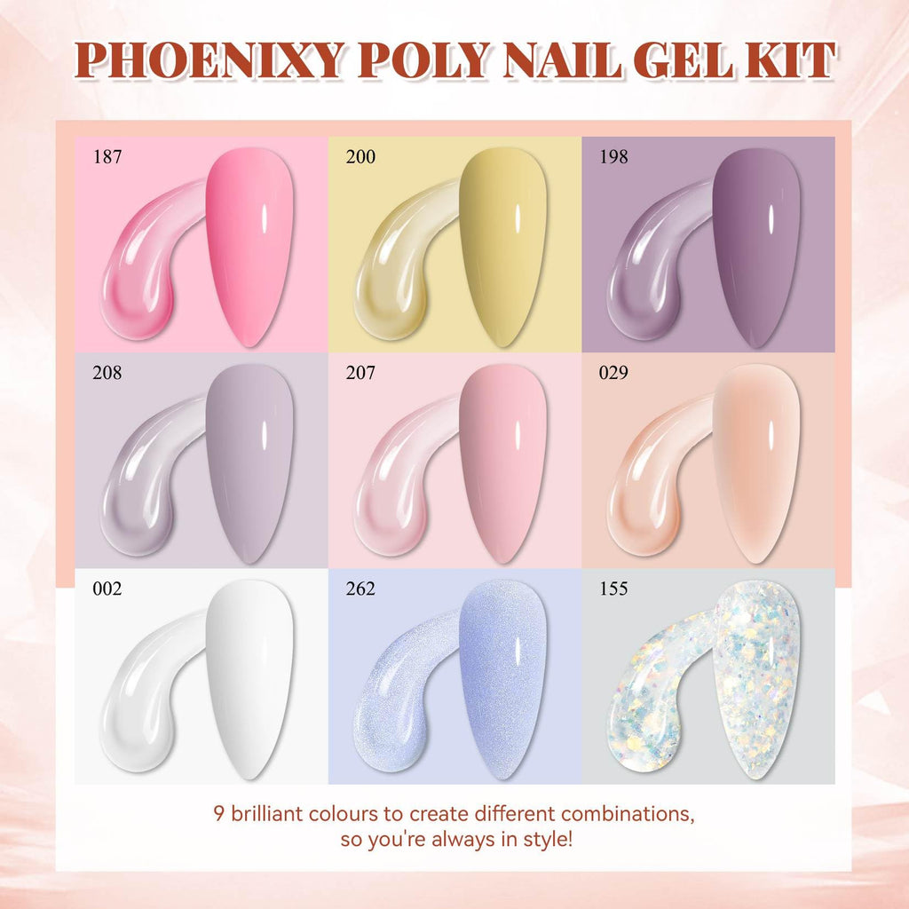 7 different packs . Phoenixy Poly Nail Gel Kit 6 Colors Pink Nude with Sliver Gold Glitter Poly Extension Gel 15 ml