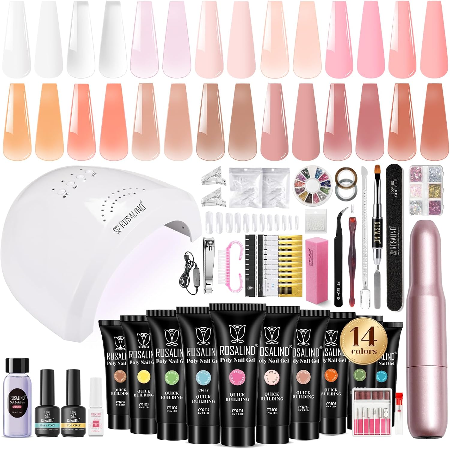 4 different packs ROSALIND Poly Nail Gel Kit with Drill -14 Colors. with U V Lamp Slip Solution and Electric Nail Drill Starter Kit, 0.34 oz/10 ml