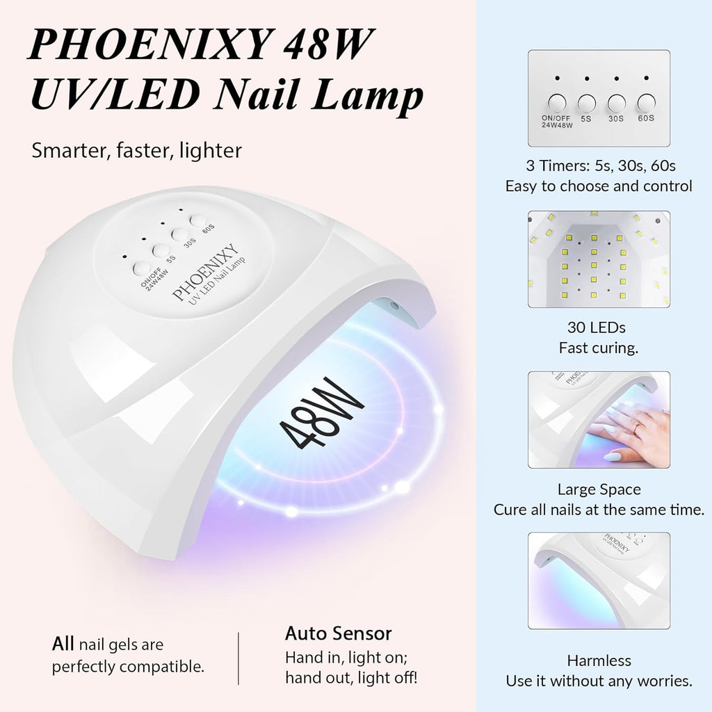 PHOENIXY 56 Pcs 108 Effect Gel Nail Polish with U V Light 48W Base Glitter Top Coat Kit