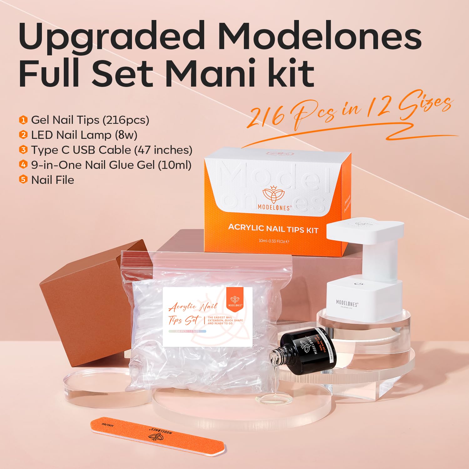 modelones Gel Nail Kit,  Nail Tips Medium Coffin Shape, 9-in-One Nail Glue & Portable U V Nail Lamp, 216Pcs 12Sizes P Nails Tip Nail Extension