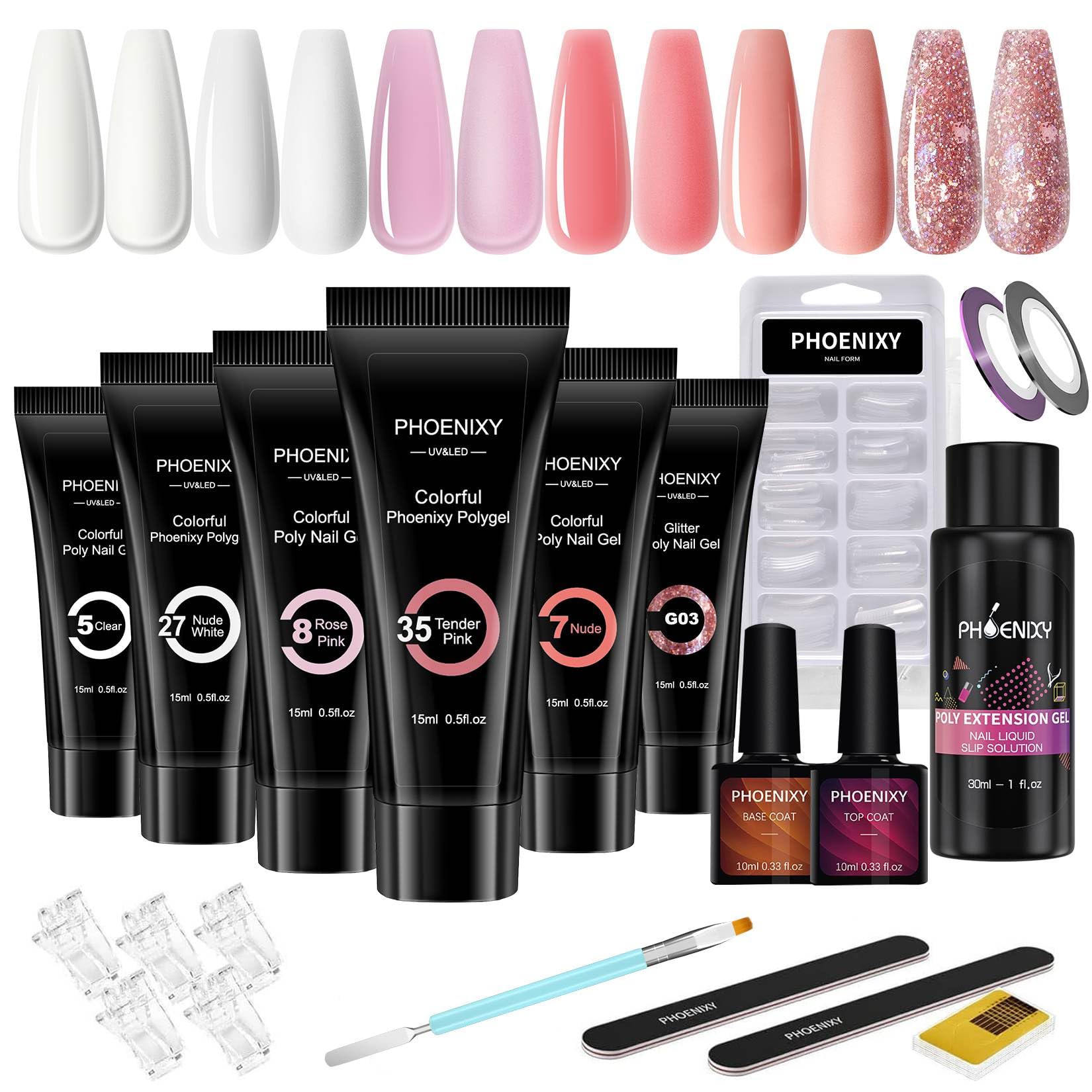 7 different packs . Phoenixy Poly Nail Gel Kit 6 Colors Pink Nude with Sliver Gold Glitter Poly Extension Gel 15 ml