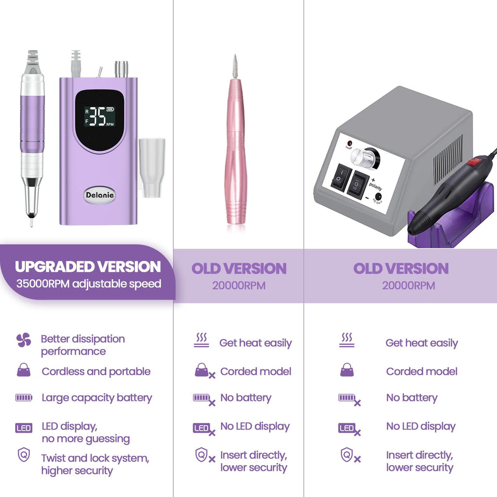 Delanie Professional Nail Drill High Torque 35000 RPM Rechargeable Portable Electric Nail File for Acrylic & Gel, High Speed, Low Heat, Low Vibration (7 colors )