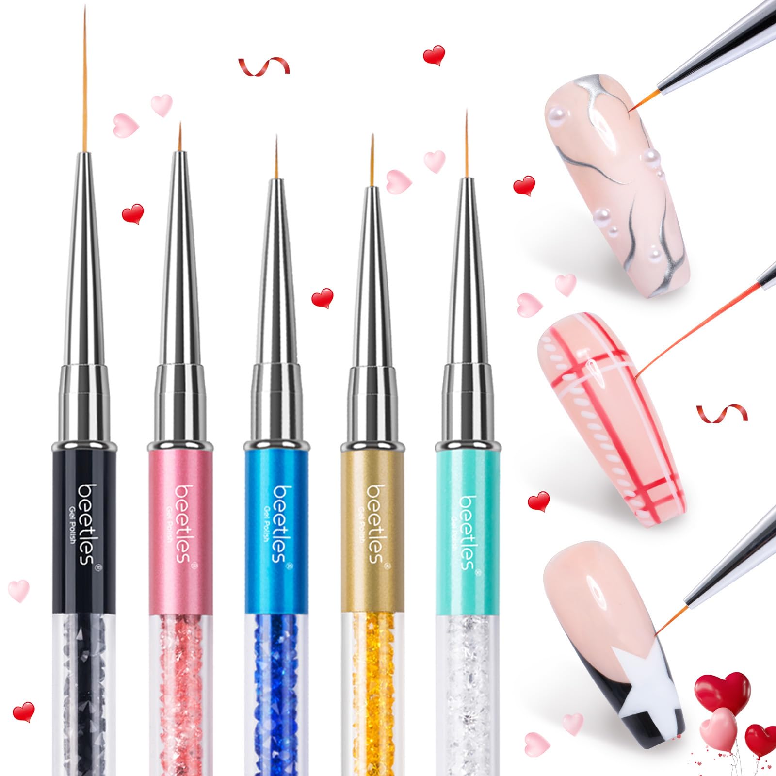 Beetles (5 diff packs ) Nail Art Brushes, Dotting Tools, Nail Art Pens, Dust Brush, Striping Liner Fingernail Drawing Pens with Palette Holder