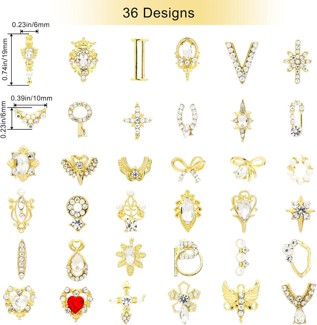 36Pcs 3D Nail Charms, Bling Rhinestones Nail Art Decorations Kit, Heart Pearl Metal Gems Stones Crystal Gold